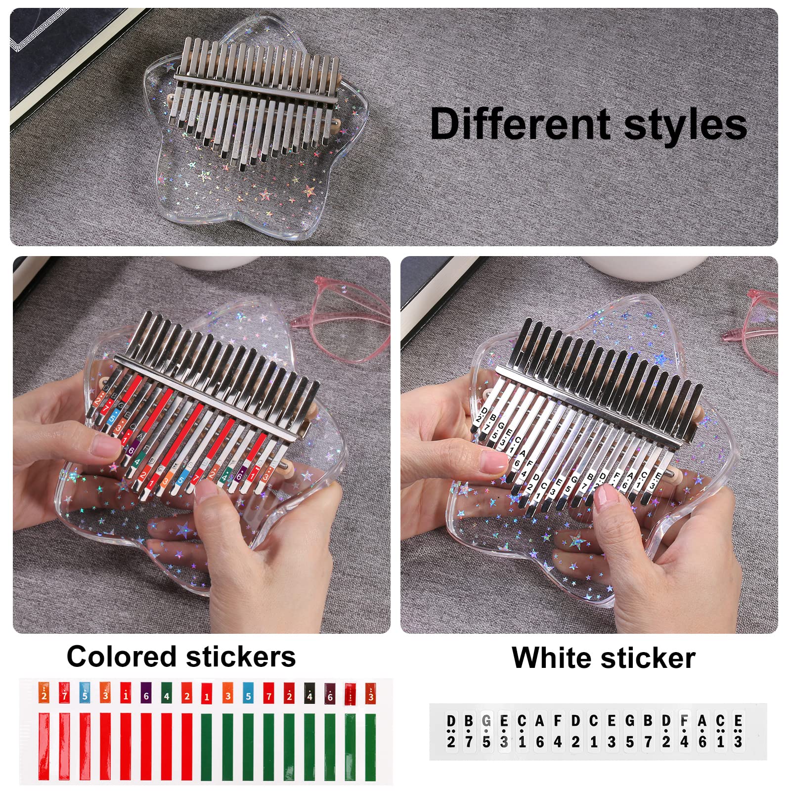Beveetio Clear Kalimba Thumb Piano With Eva Protective Case, Transparent Crystal Kalimba 17 Key, Musical Instrument Gifts, Rainbow Star Finger Piano, Acrylic Mbira…