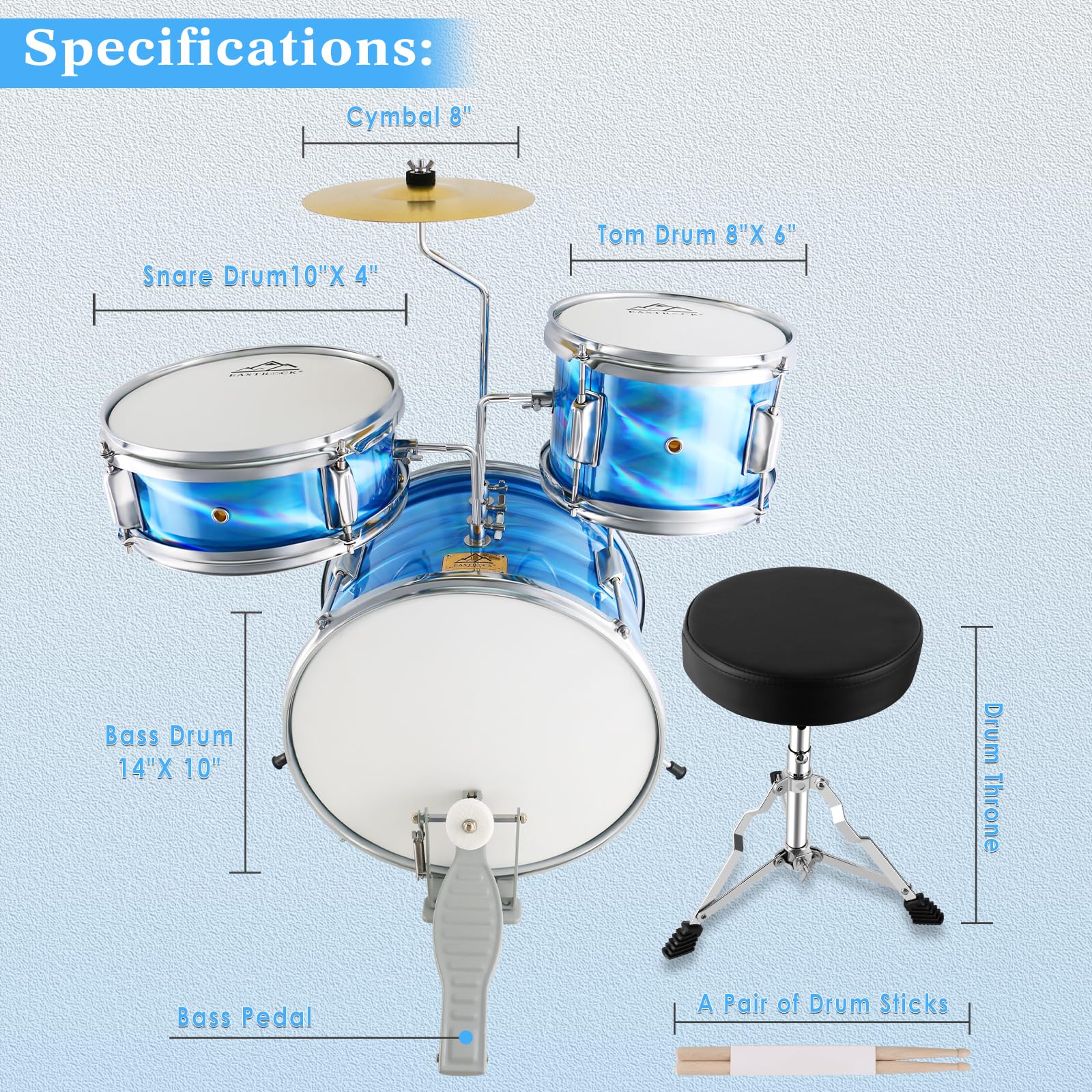 EASTROCK 3 Piece 14” Junior Drum sets for Drummer,Flash Blue