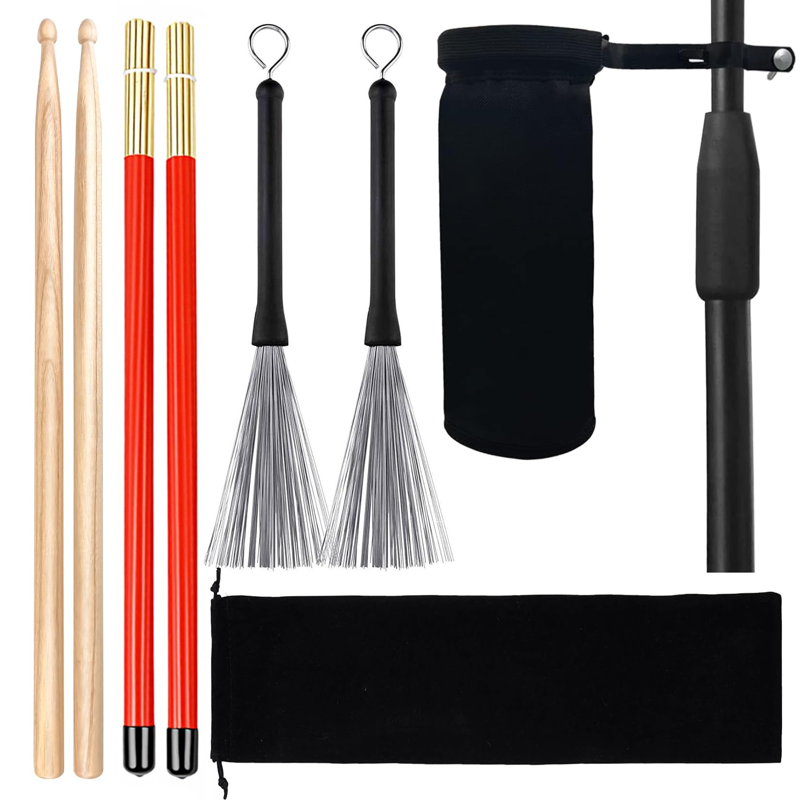VixxNoxx Drum Sticks Kit – 5A, Retractable Drum Brushes, Rods Drum Brushes