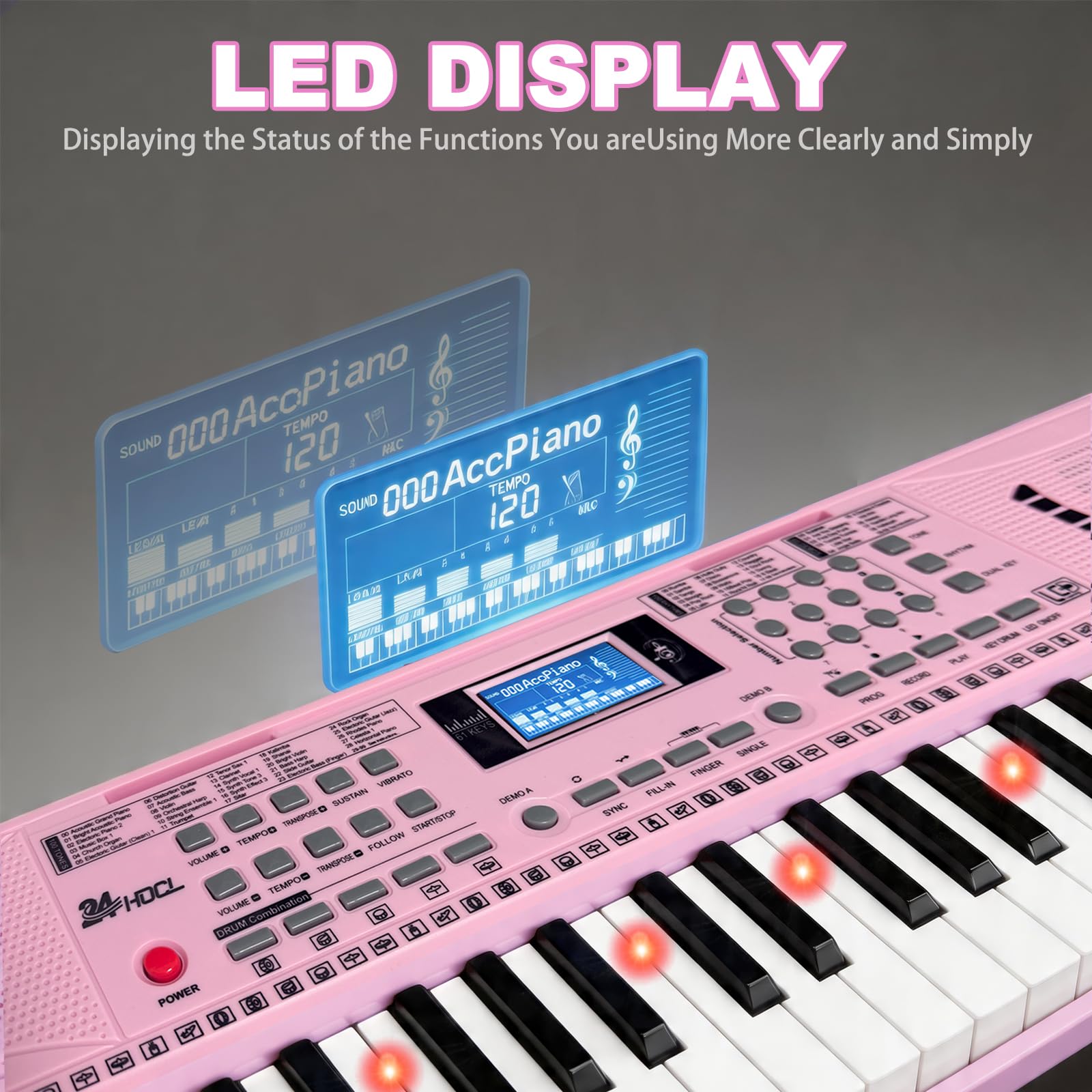 Electronic Keyboard Piano 61 Lighted Keys for Kids (Pink with Stand)