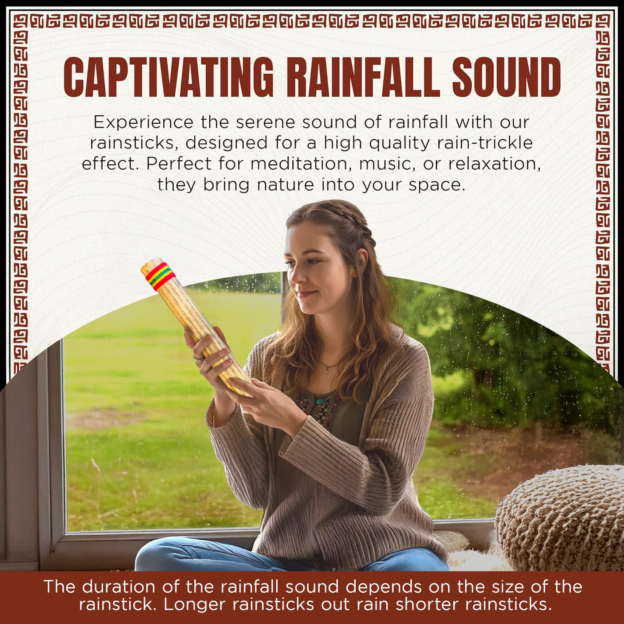 Africa Heartwood Project 15″ Cactus Rainstick from Chile – Authentic Handcrafted Rain Stick Musical Instrument with Rasta Yarn Wrap and Durable Sealant