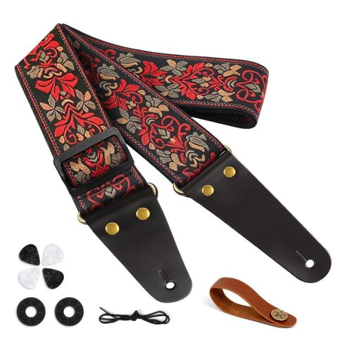 Aucuu Guitar Strap, 2″ Embroidery Guitar Straps with Leather Ends, Vintage Embroidered Guitar Straps Come with Free Strap Button, 1 Pair Strap Locks and 4 guitar Picks, Red