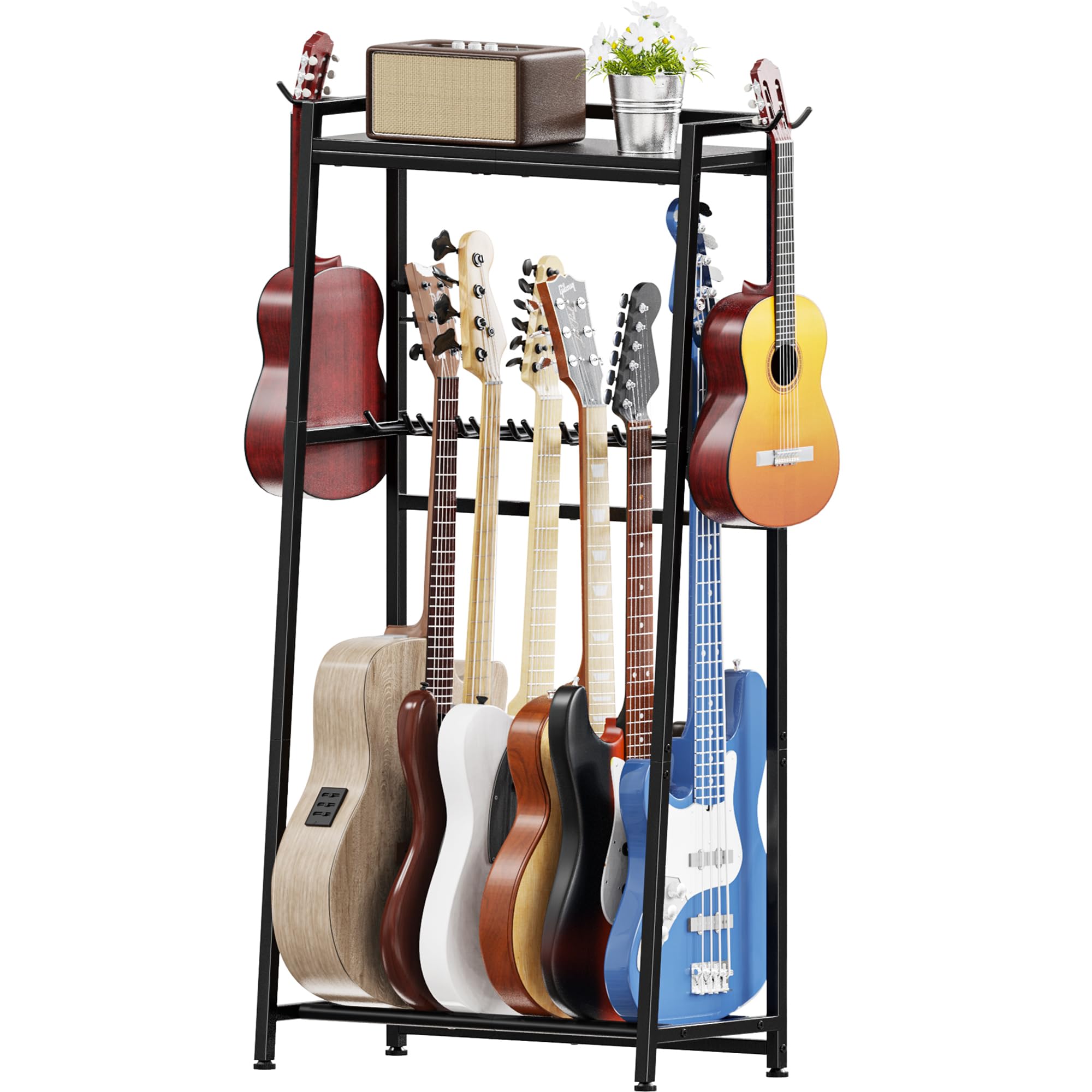 Vantimo Guitar Stand, Guitar Rack Holder for Acoustic Guitar, Electric Guitar, Bass Display Stand, Multiple Guitar Rack Holder for 7-9 Guitars, Guitar Amp Accessories, for Home Music Studio, Black