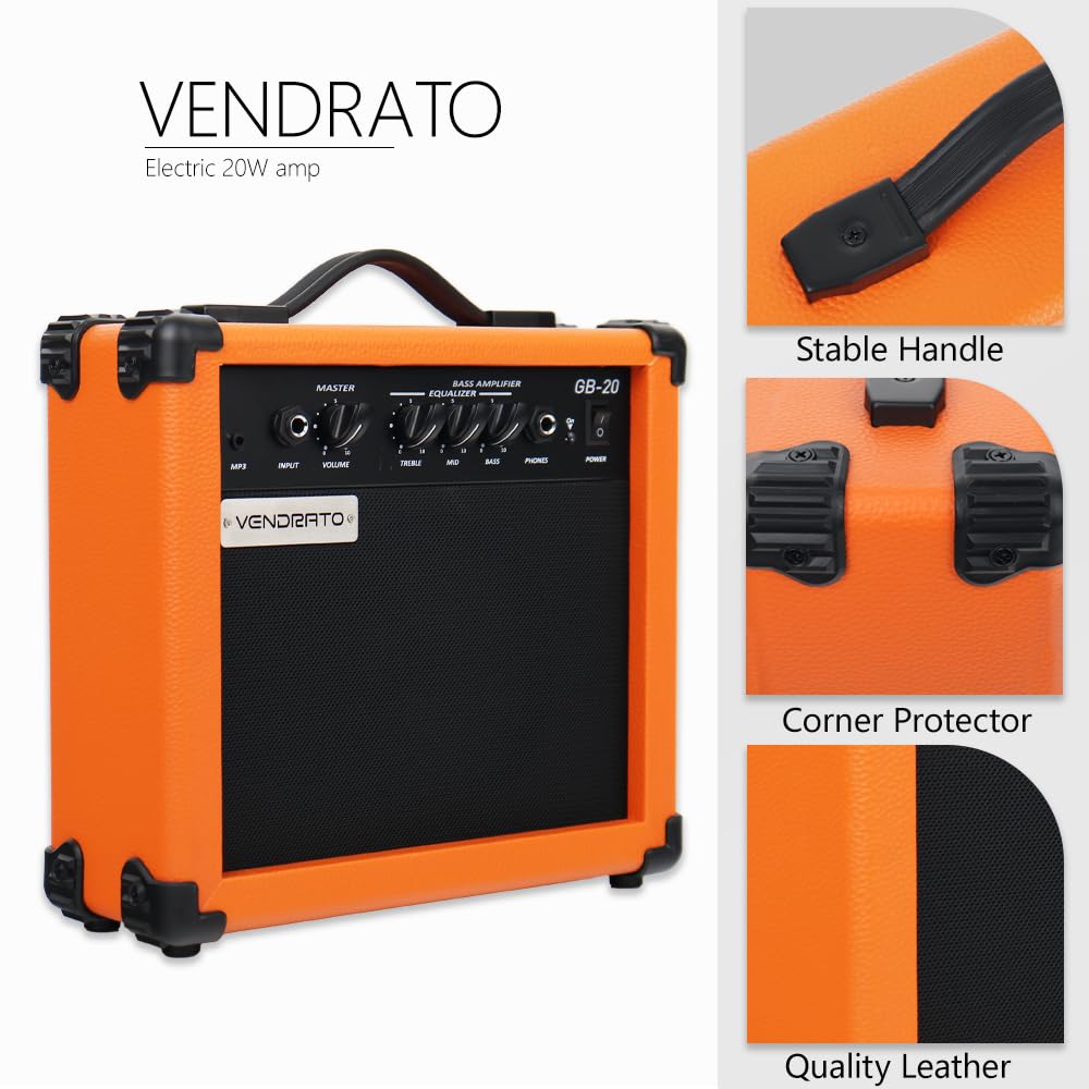 Vendrato Electric bass Amplifier 20w amp Orange Color Multi Band Treble Middle bass mp3 Headphone Jack Portable for Starter Beginner Travel Amp Practice noiseless Cable Picks and Adapter with