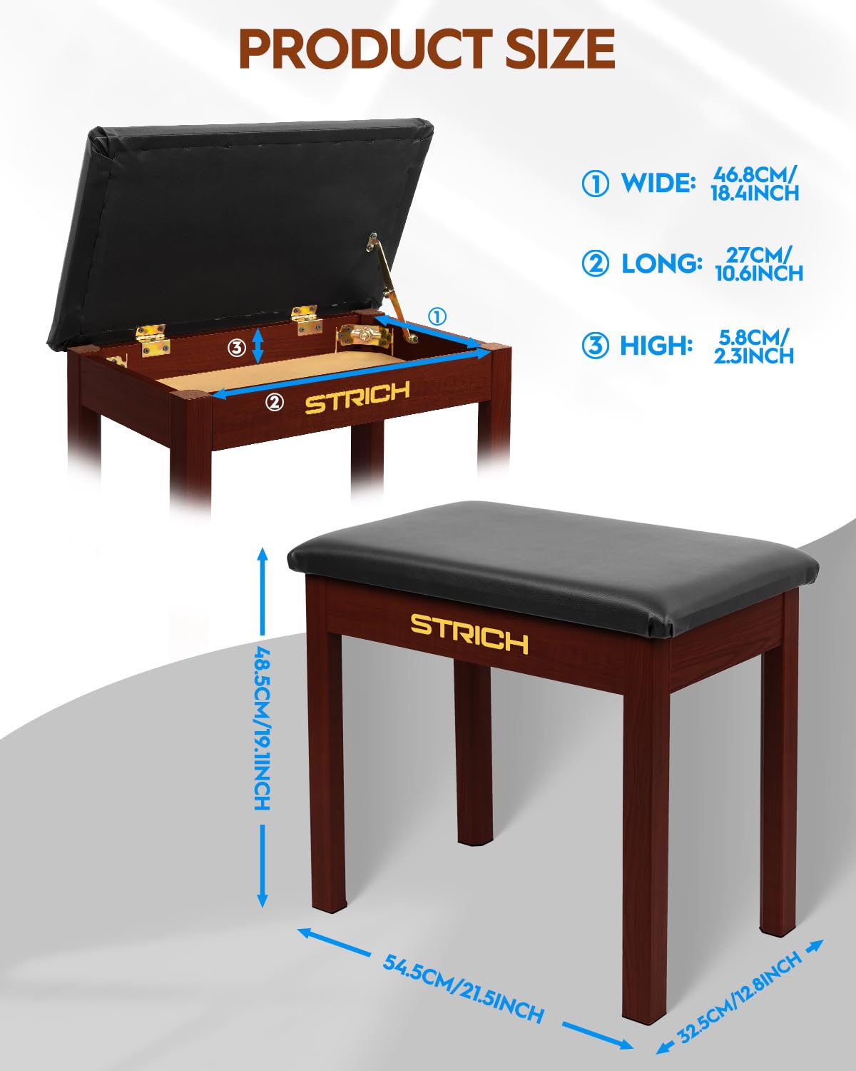 STRICH Piano Bench with Storage, Solid Wood Keyboard Bench Piano Bookcase Stool Chair Seat with Padded Cushion, Deep Brown