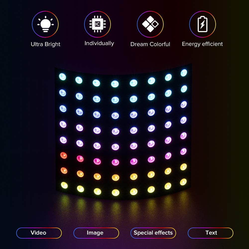 BTF-LIGHTING WS2812B RGB 5050SMD Individually Addressable Digital 8X8 64 Pixels 3.1in x 3.1in LED Matrix Panel Flexible FPCB Full Color Works with SP107E,WLED etc Image Video Display DC5V