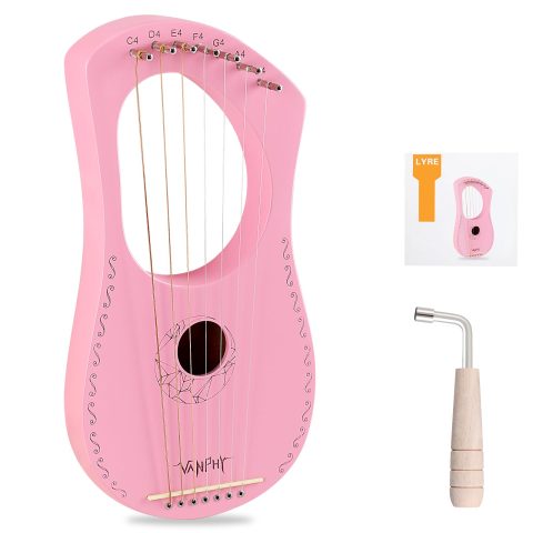 VANPHY Lyre Harp VANPHY Lyre Harp 7 Strings Mahogany Body Metal String for Beginner Harps Classical Style Harp Instrument with Tuning Wrench Strings Gig Bag (Pink)