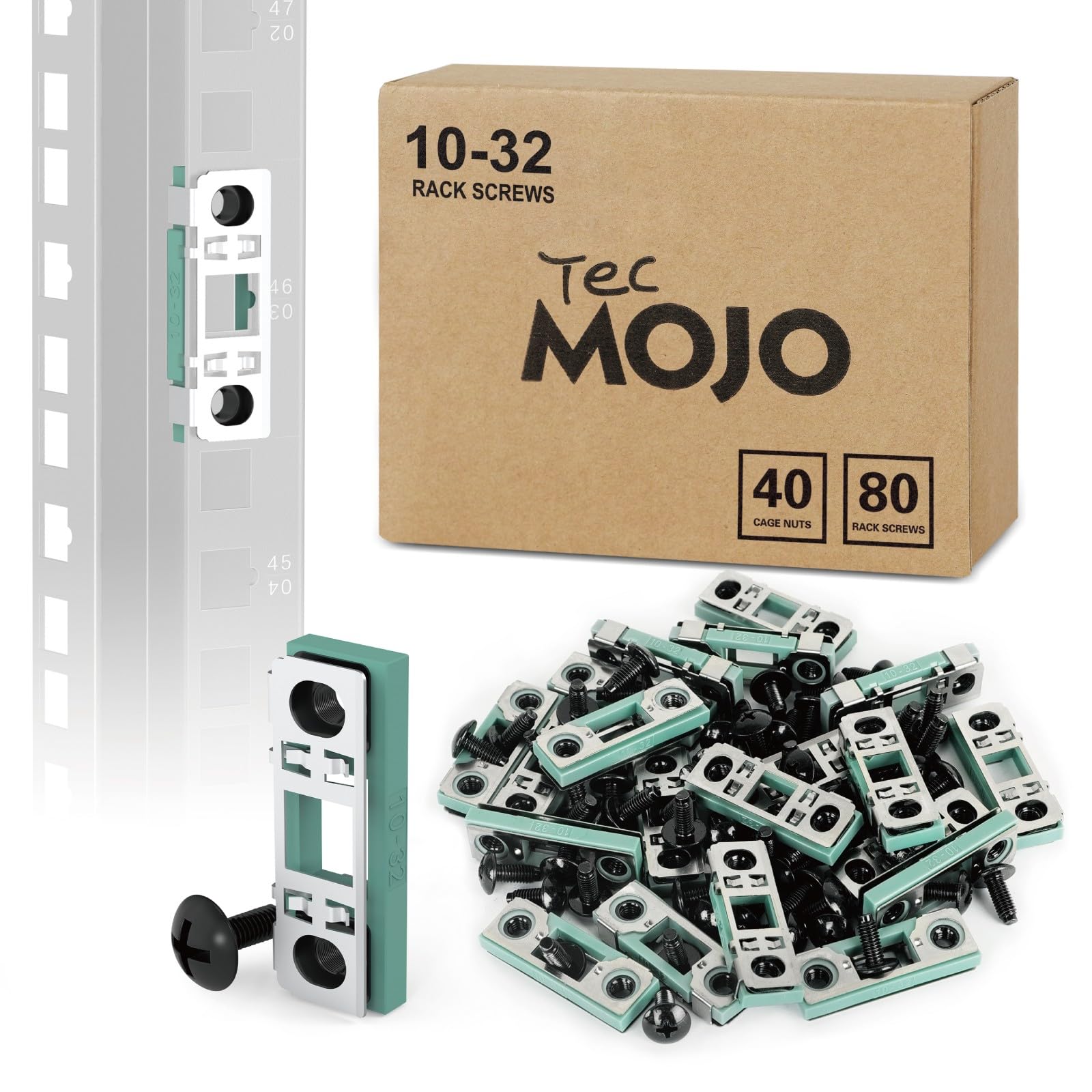 Tecmojo Smart Push-in 10-32 Cage Nuts and Rack Screws, 40 Cage Nuts with 80 Screws for 1.5–2 mm Square-Hole Rails, 19-Inch Server, Network and AV Racks