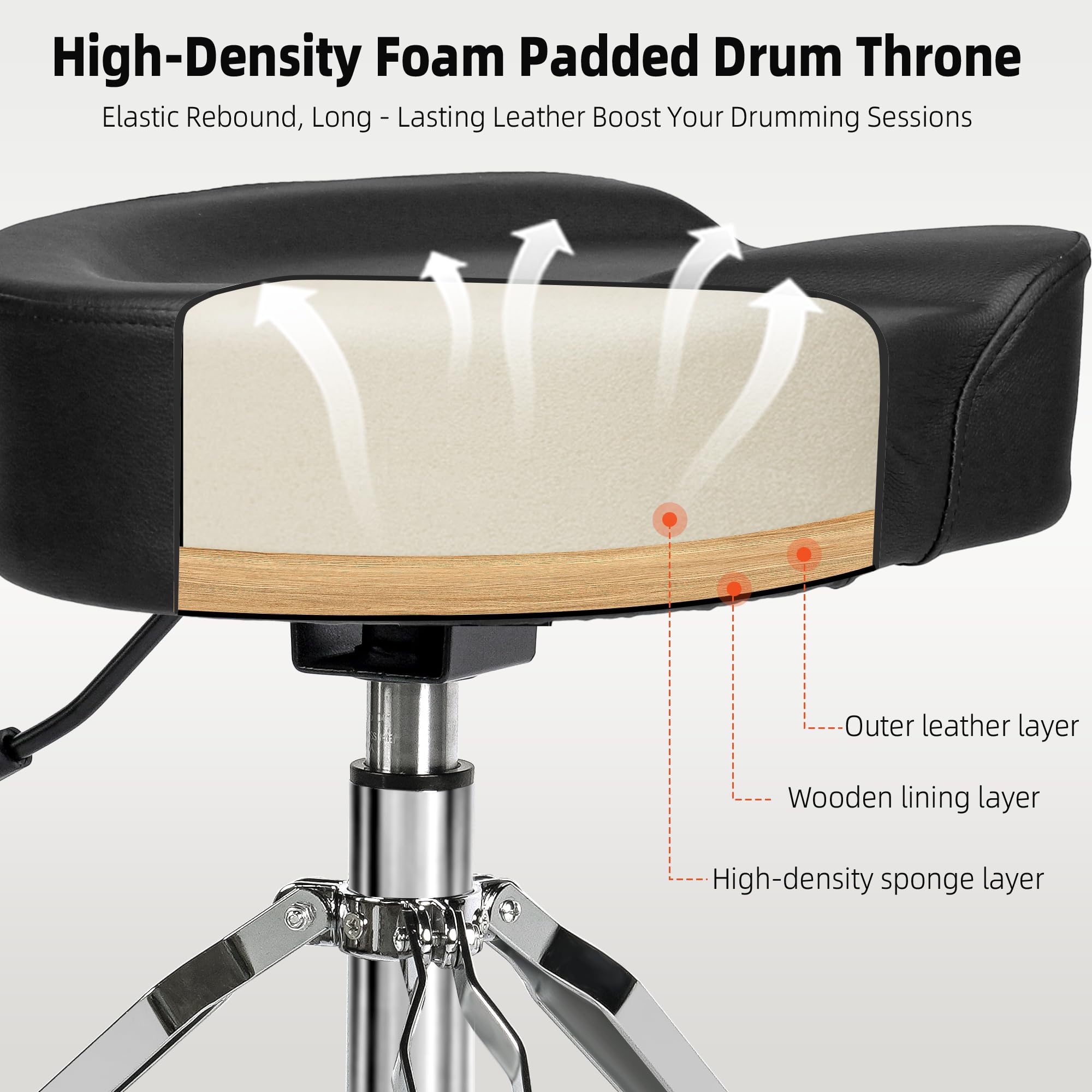 TIZECO Hydraulic Drum Throne with Backrest, Heavy Duty Drum Stool, Drummer Stool Adjustable Height, Motorcycle Style Drummers Seat with Back Support, Drummers Throne