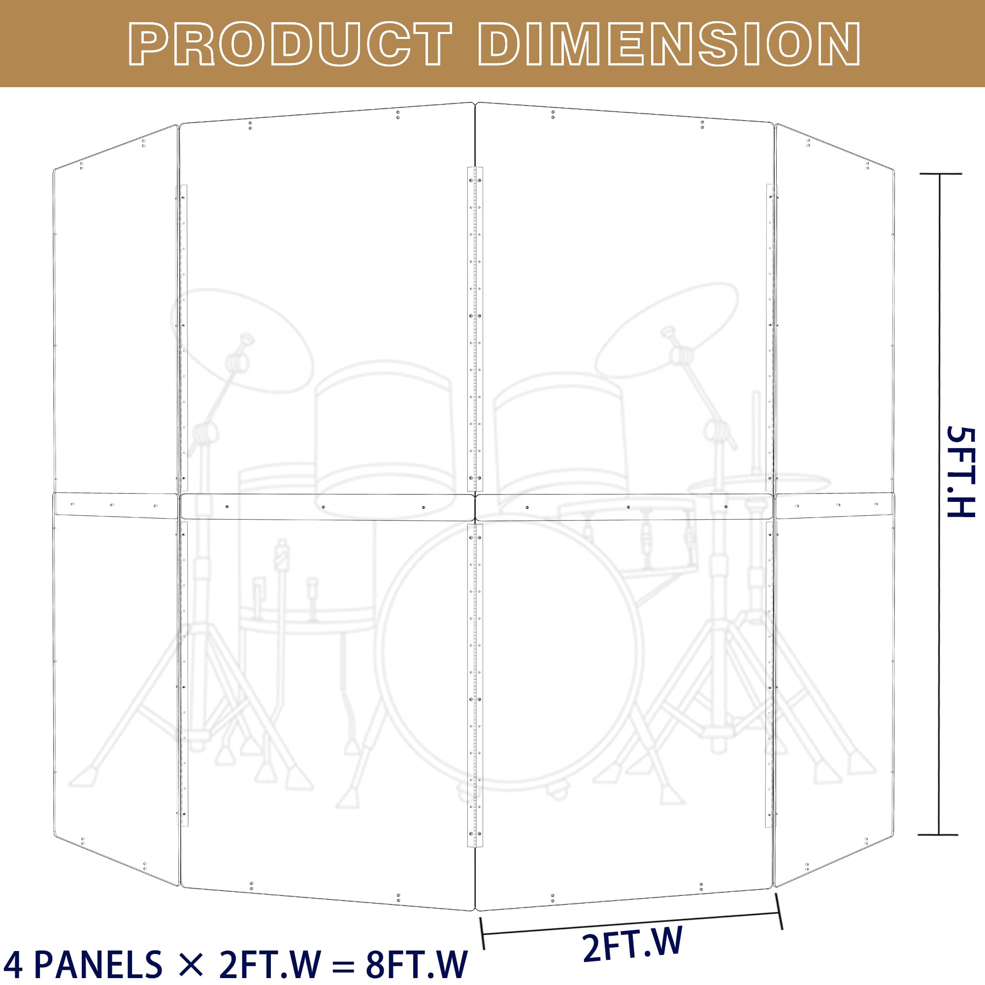 Portable Drum Shield | 4 Panels 2ft x 5ft | Factory-Installed Full-Length Stainless Steel Hinges | Acrylic Drum Sound Barrier | Cage for Church Use (4 Panels)