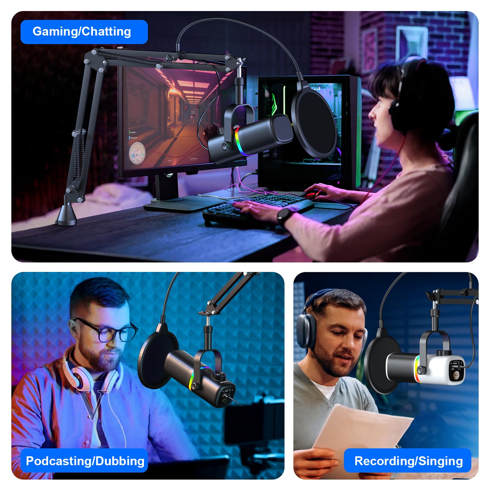 Aokeo AK-10 USB Gaming Microphone with mic arm, Condenser Microphone for PC/MAC/PS4/PS5/Phone-Cardioid Mic with RGB Lighting(White)