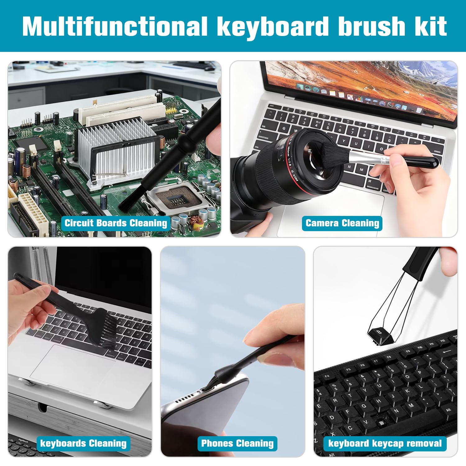 IOGOG 6PCS Keyboard Brush Cleaner Kit with Keycap Puller & Switch Puller, PP Handle Nylon Small Space Dust Removal Anti Static Brush for Computer Keyboard Electrical Appliance Seam Motherboard Camera