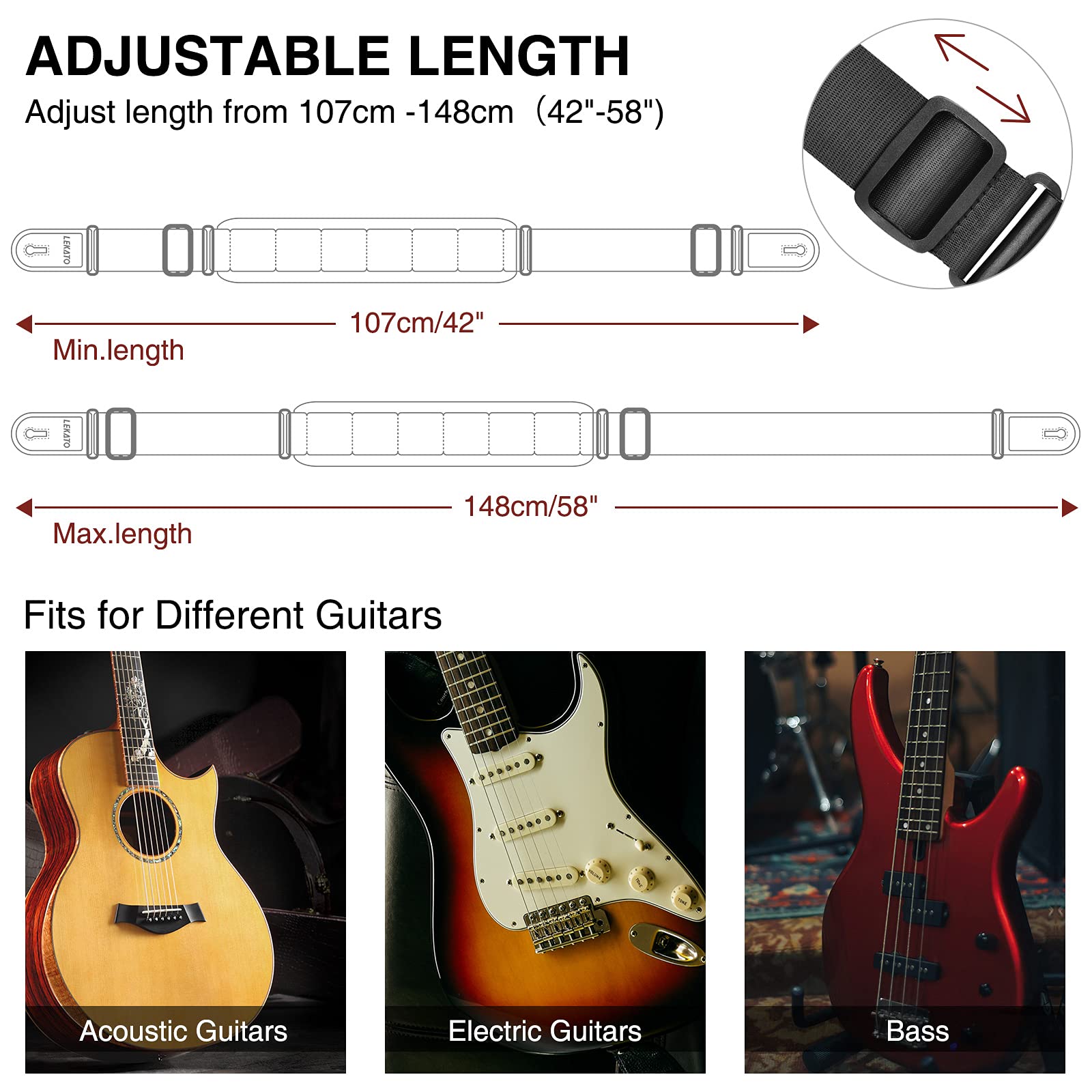 LEKATO Bass Guitar Strap 3.3″ Wide Padded Guitar Strap for Electric Guitar