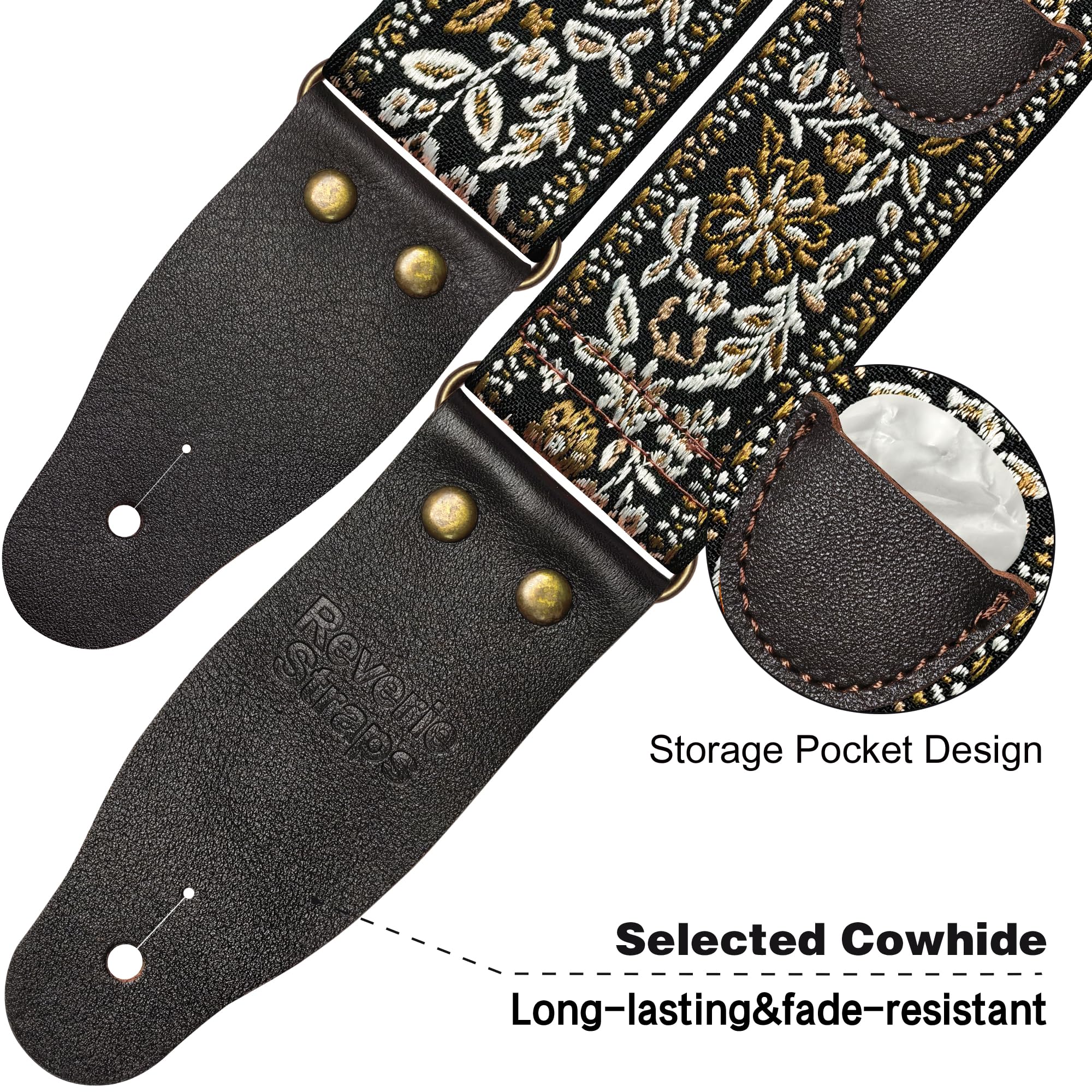 72 Inch Guitar Strap, Vintage Brown Floral Jacquard Woven Adjustable Strap with Premium Genuine Cowhide Leather Ends, Strap Locks & Picks for Acoustic Electric Bass (Vintage brown jacquard)
