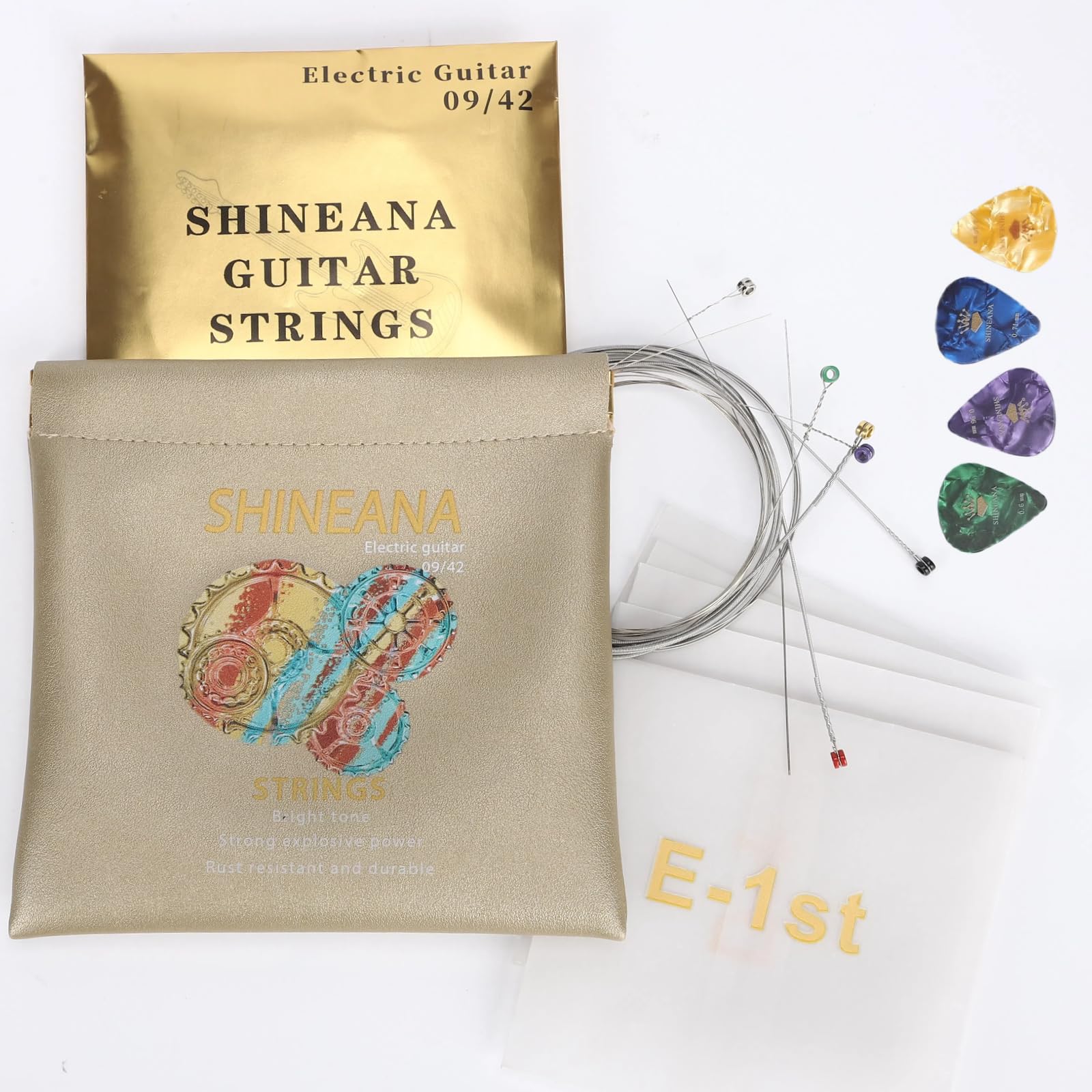 Electric Guitar Strings Handmade Nickel Plated Hex Steel Colorful Ball End-6 String-with Reusable soft leather pouch,Radiant Tone, Explosive Power (Gold(10/46)