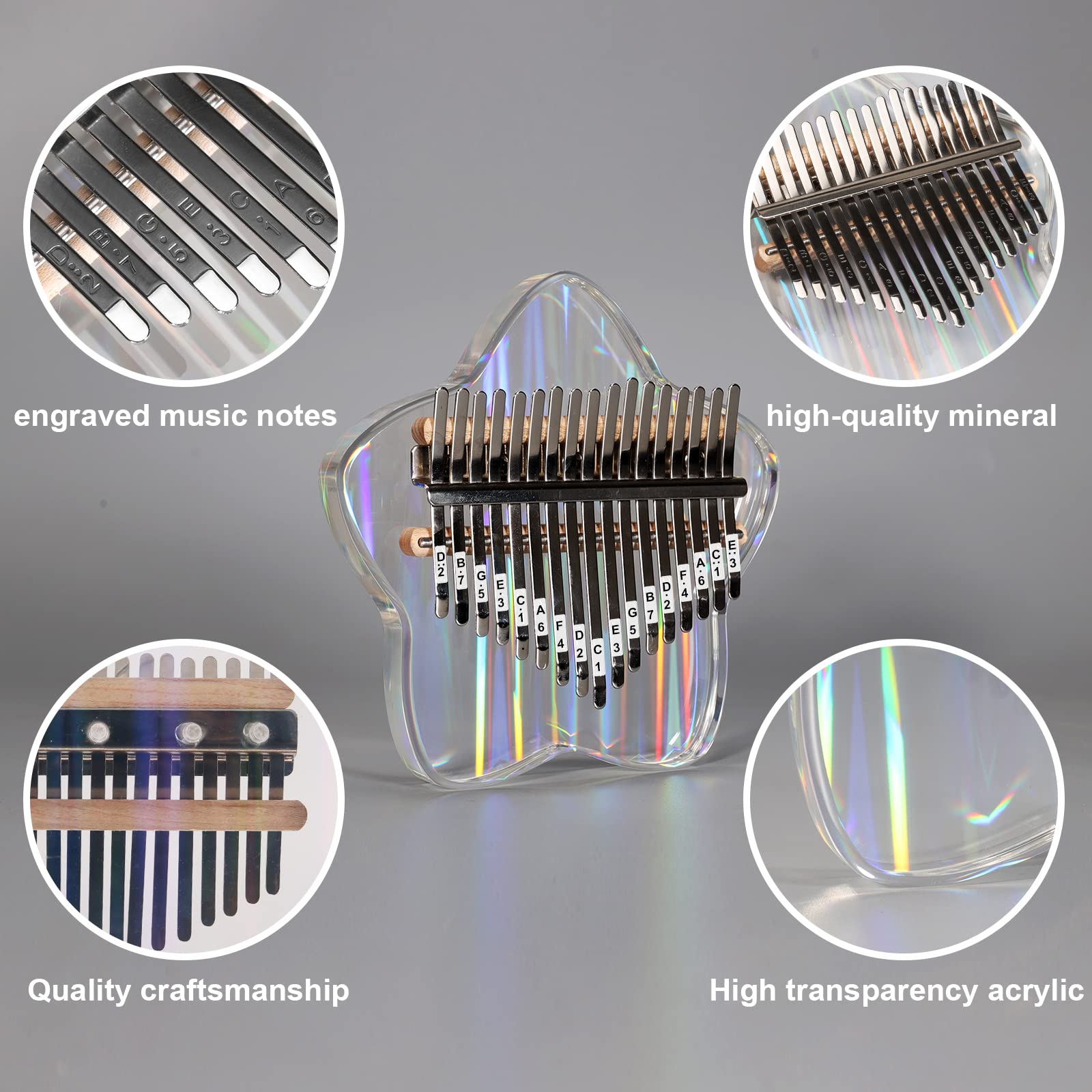 Beveetio Clear Kalimba Thumb Piano With Eva Protective Case, Transparent Crystal Kalimba 17 Key, Musical Instrument Gifts, Star Finger Piano, Acrylic Mbira…