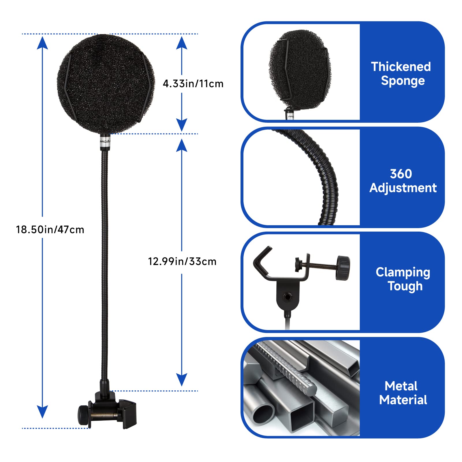 PROAR Pop Filter for Microphone with Multi-Layer Screen, Flexible Gooseneck