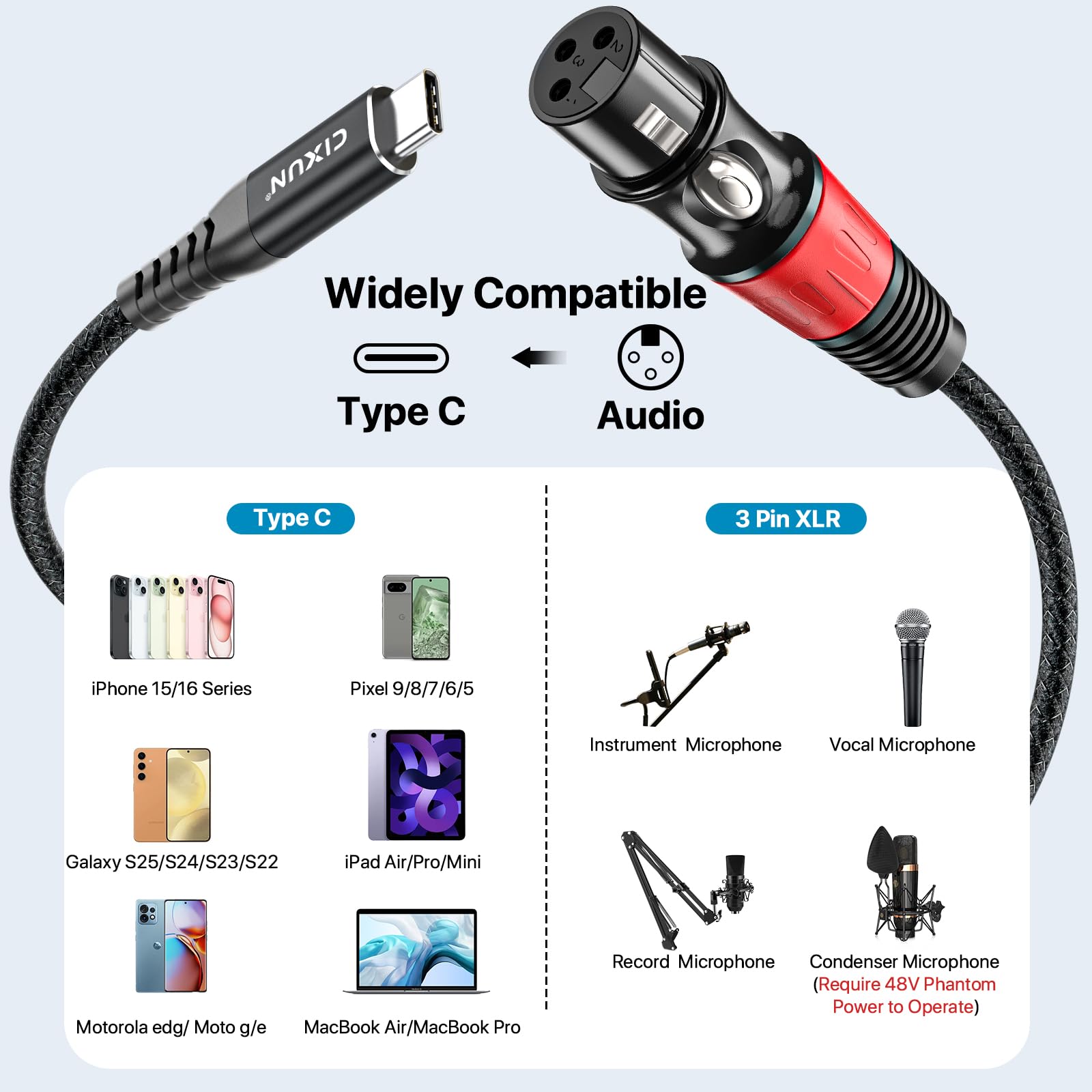 CIXUN XLR Female to USB C Microphone Audio Cable 32-bit/384KHz(2M/6.5Ft)