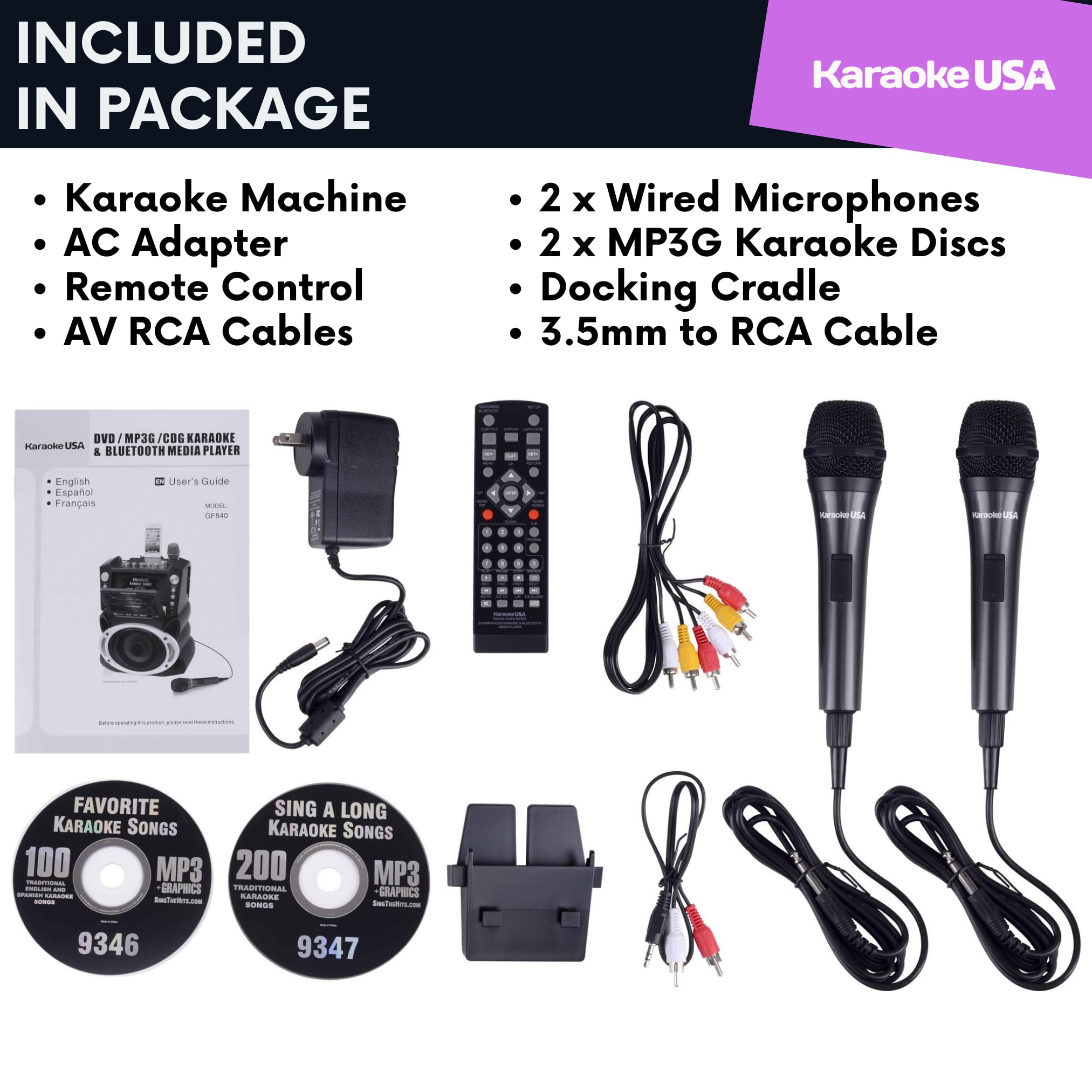 Karaoke Machine with Lyrics Display 7″ Screen. CD+G, DVD, MP3+G, MP3, CD & USB. Wireless Bluetooth Speaker with LED Disco Lights. Includes 2 Wired Microphones and 2 Bonus Karaoke Discs By Karaoke USA