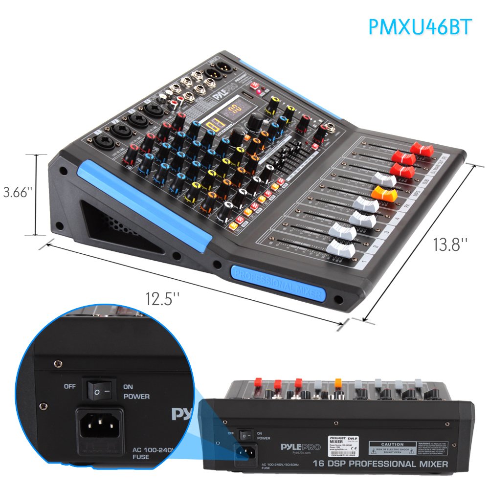 Pyle 4-Channel Bluetooth Studio Audio Mixer-DJ Sound Controller Interface with USB Drive for PC Recording Input, XLR Microphone Jack,48V Power,Input/Output for Professional and Beginners – PMXU46BT