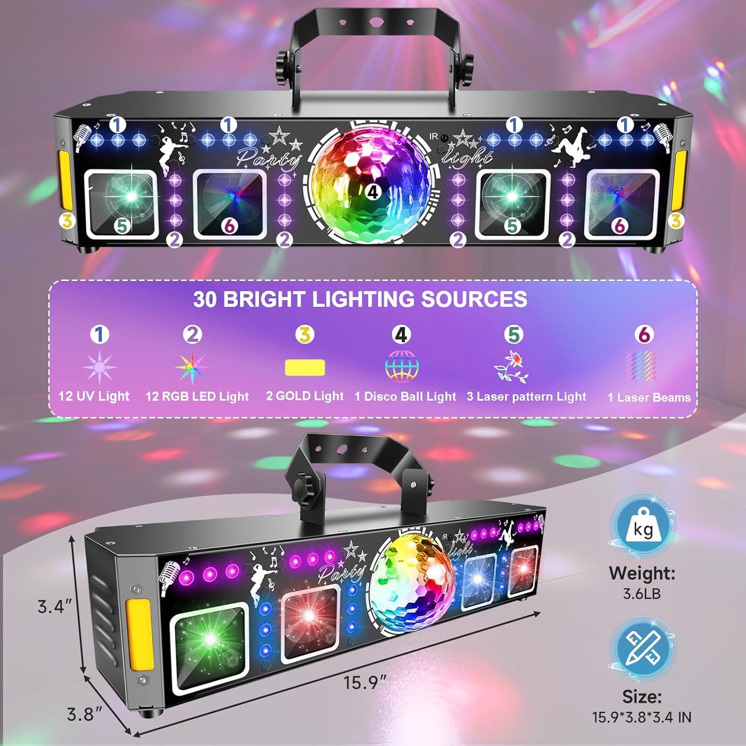 DJ Lights for Parties, Pro 7 in 1 DMX & Sound Activated DJ Lights Show Machine with Disco Ball Light, UV Black Lights – Sound Activated LED Lighting for Home, Karaoke, Birthday and DJ Events World Cup