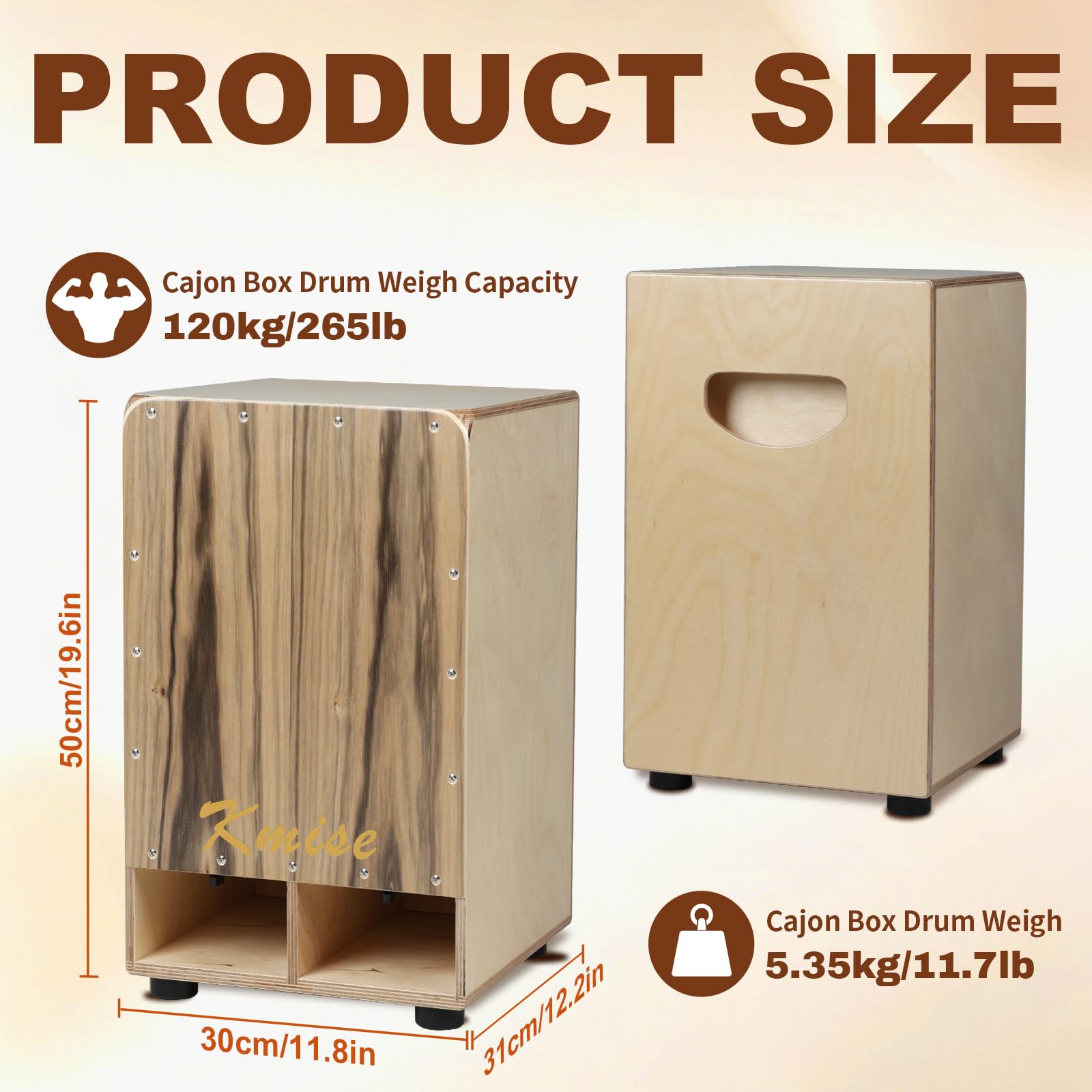 Kmise Enhanced Bass Response Cajon, 11.8×12.2×19.6″ Portable Adjustable Snare Cajons Drums,Solid Ebony & Birch Wood Drum Box, Percussion Instrument Gift for Adults Kids, With Carry Bag,for Performance