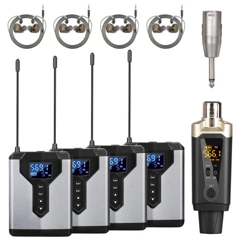 Depusheng T9-2 Wireless in Ear Monitor System with Transmitter Clip on Receiver Automatic Pairing in-Ear Monitoring for Studio,Guitar,DJ,Live Performance (4 Receivers + 1 Transmitter)