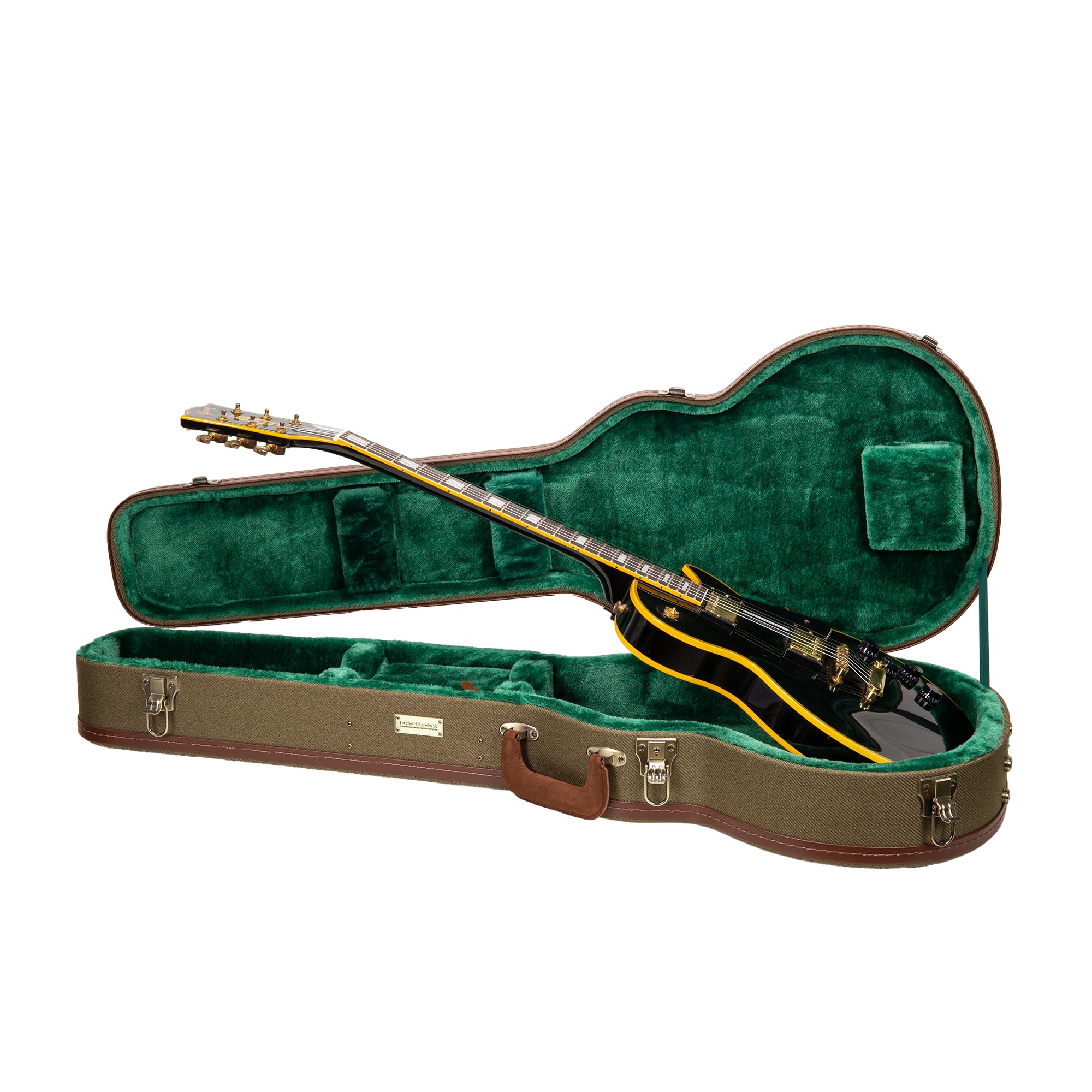 Crossrock Master Series Les Paul Electric Guitar Case | Olive Green Tweed Exterior, Re-Engineered Wooden Shell, Leather Handle & Forest Green Velvet Interio(CRW720LOG)