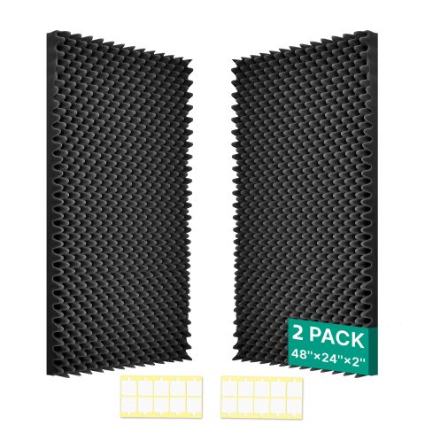 soundproof Foam Panels for Walls, Foam Acoustic Panels 2 Pack 48″×24″×2″ Black Egg Crate High Density Quick Recovery Sound Dampening Noise Reduction Echo Control for Home Studio Recording Room Office