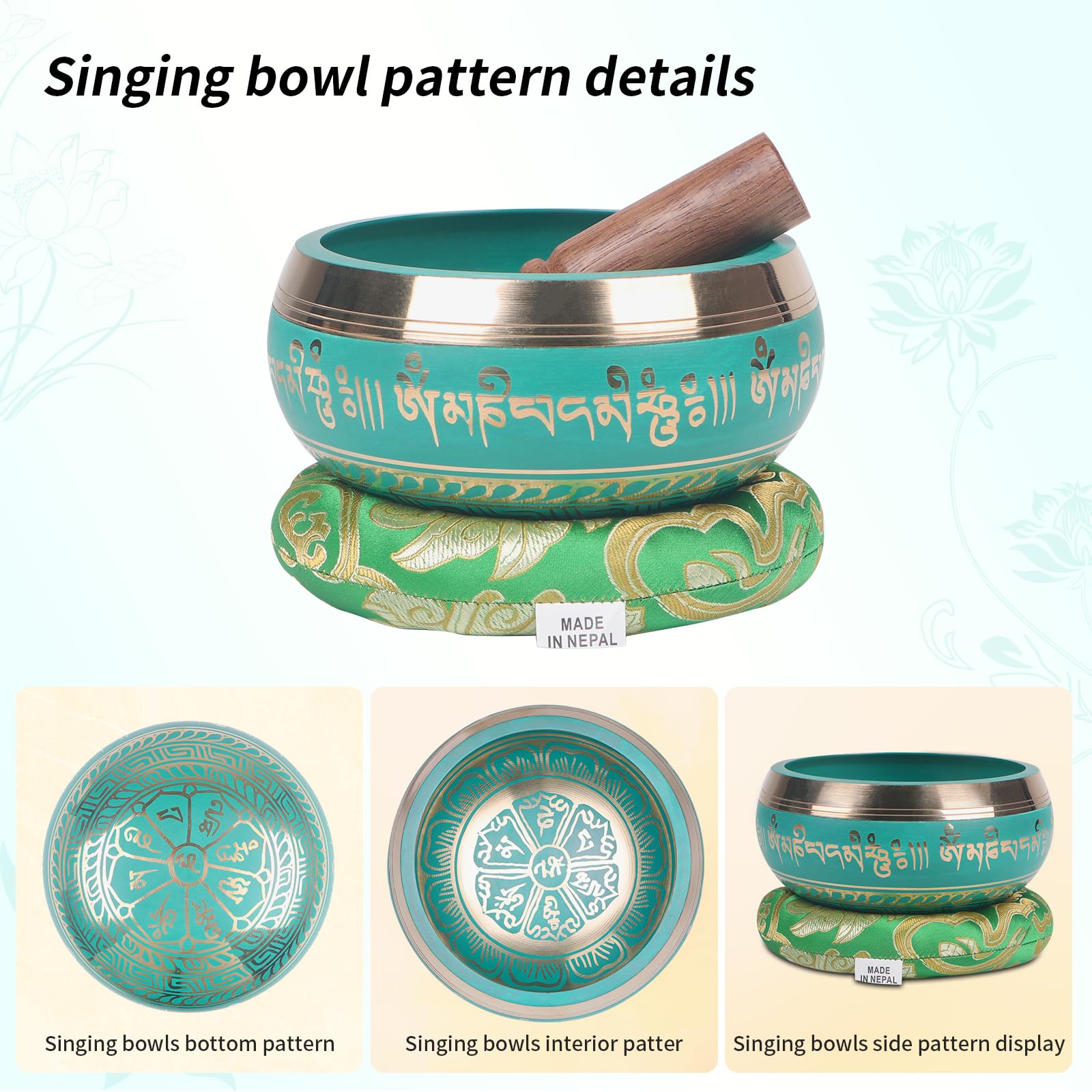 Kmise Tibetan Singing Bowls Set- Handmade in Nepal Meditation Sound Bowls for Yoga, Meditation, Mindfulness, Healing and Chakra Balancing, Stress Relief (5′, Green)