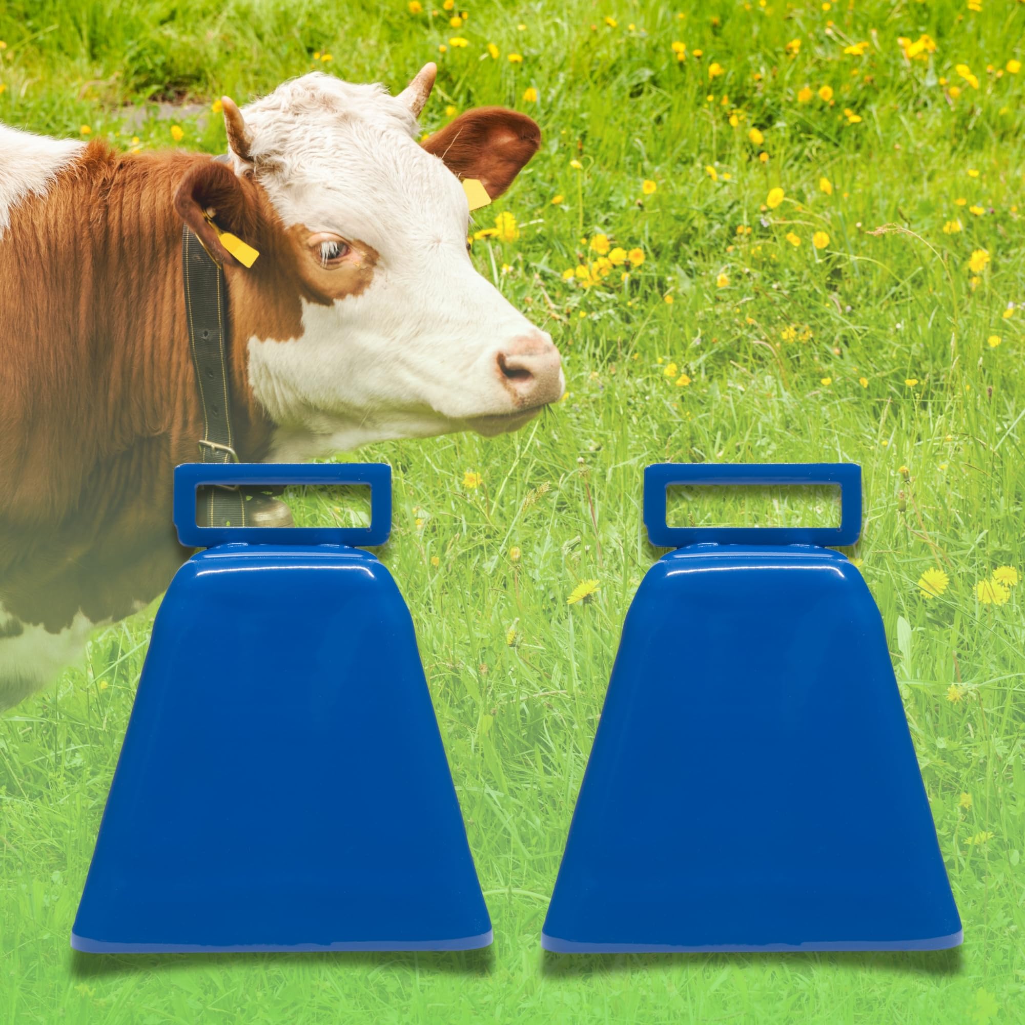 Bevin Bells Long Distance Cow Bells 10LD (Blue & Blue) | Christmas Bells | Made from Steel | Loud Noise Makers | w/White Strap Around The Handle | Easier to Hold | Made in CT, USA