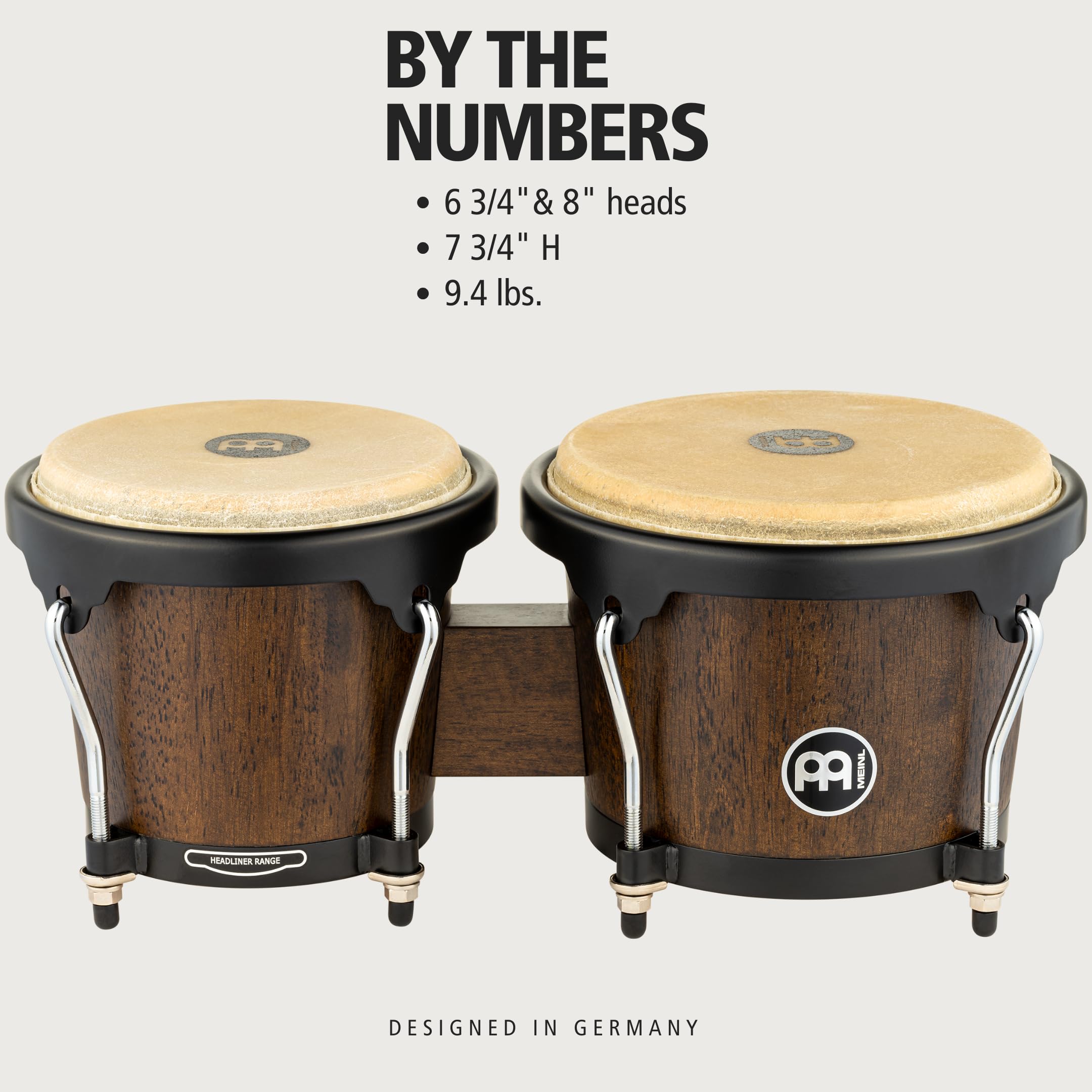 Bongos with Rubberwood Stave Shells, Headliner Series — NOT MADE IN CHINA — Natural Buffalo Skin Heads, 2-YEAR WARRANTY