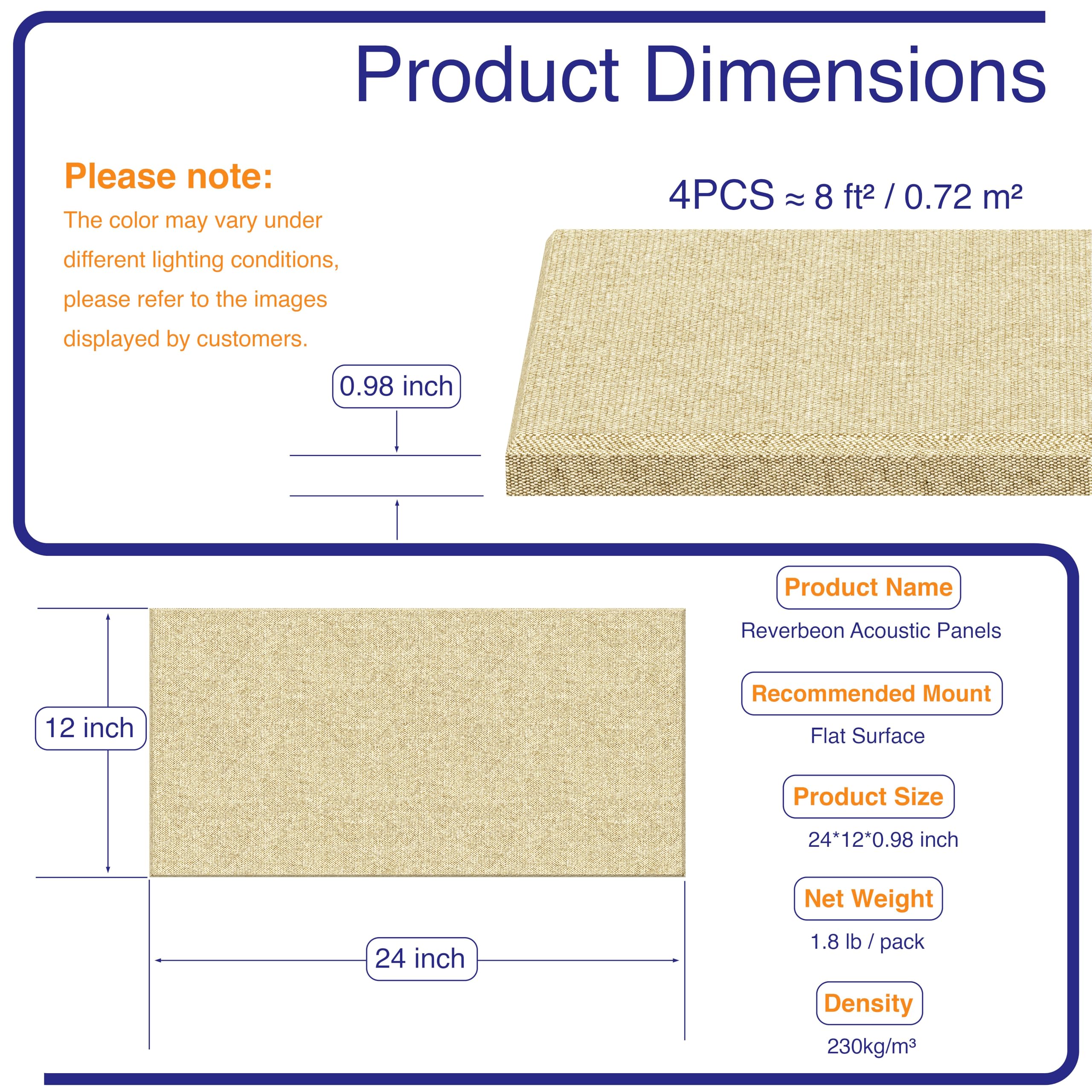 Reverbeon 4PCS Acoustic Panels, 24″x12″ Acoustic Panels for Walls, Self-Adhesive Sound Absorbing Panels for Home, Office, Studios (Khaki Beige)