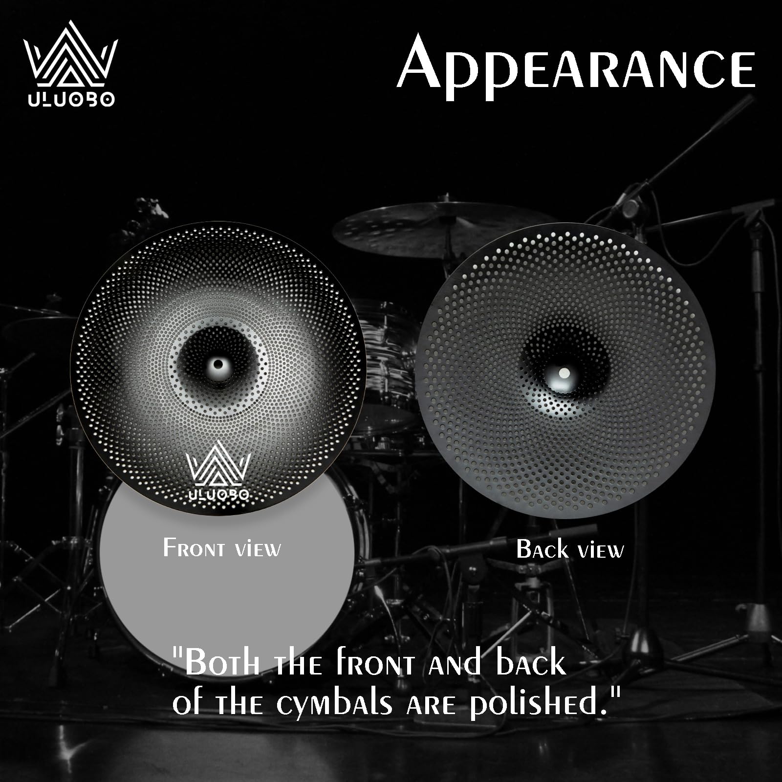ULUOBO Low Volume Cymbal Pack, Silent Cymbals, Quiet Cymbals Set for Drummer Practice, 6/8/10”Spalsh+14”Hihat+16″Crash+18”Crash+18”China+20″Ride, 9 Pieces, Black
