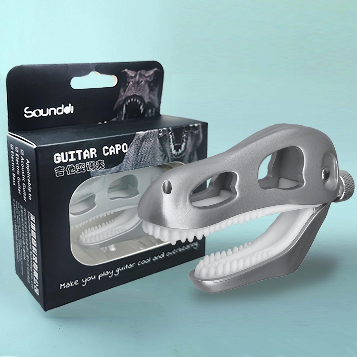 Prehistoric T-Rex Guitar Capo – Dinosaur Skull Design with Silicone Teeth, Zinc Alloy Adjustable Clamp for Acoustic/Electric Guitar, Bass, Ukulele & Banjo (Silver)