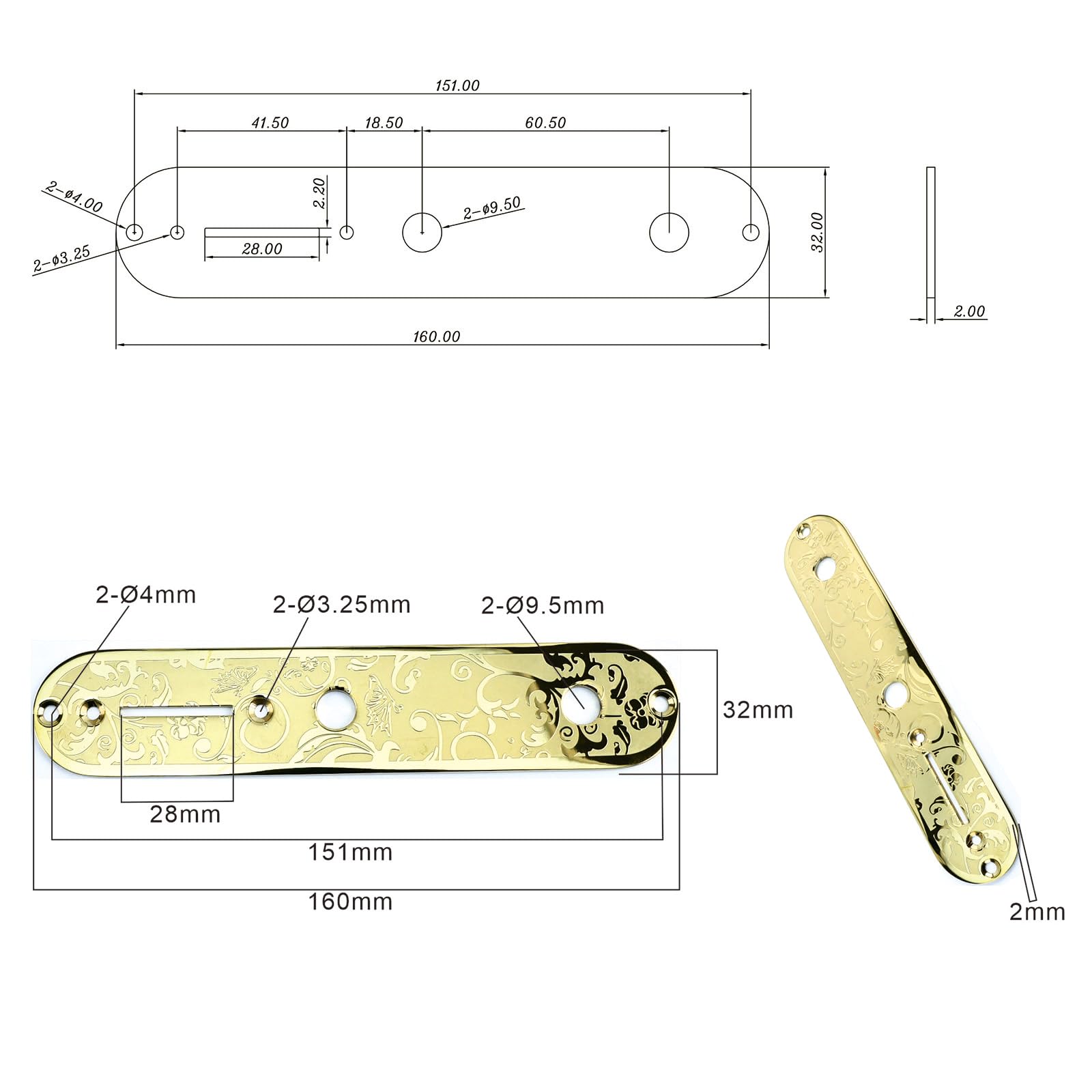 OVSAL Stainless Steel Engraved Telecaster Control Plate 2-Hole Mount 9.5mm (3/8″) CNC Electric Guitar Control Plate Compatible with Most Fender Tele Style Guitar Replacement Parts(Gold)