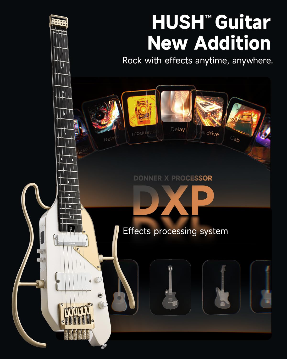 Donner HUSH X PRO Electric Guitar Kit – Smart Travel Guitar with Dozens of Preset Combinations, 7 Tone Sim Options, White-Luxe