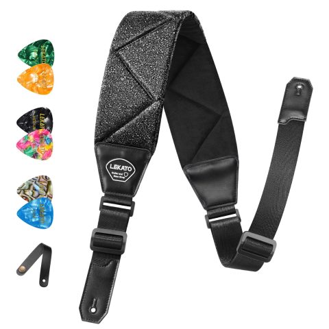 LEKATO Bass Guitar Strap, 3.34″ Wide Padded Sparkle Glitter Guitar Straps for Electric Guitar & Bass, Adjustable Length from 45″ to 55″ Bass Strap with Pick Holder, Black