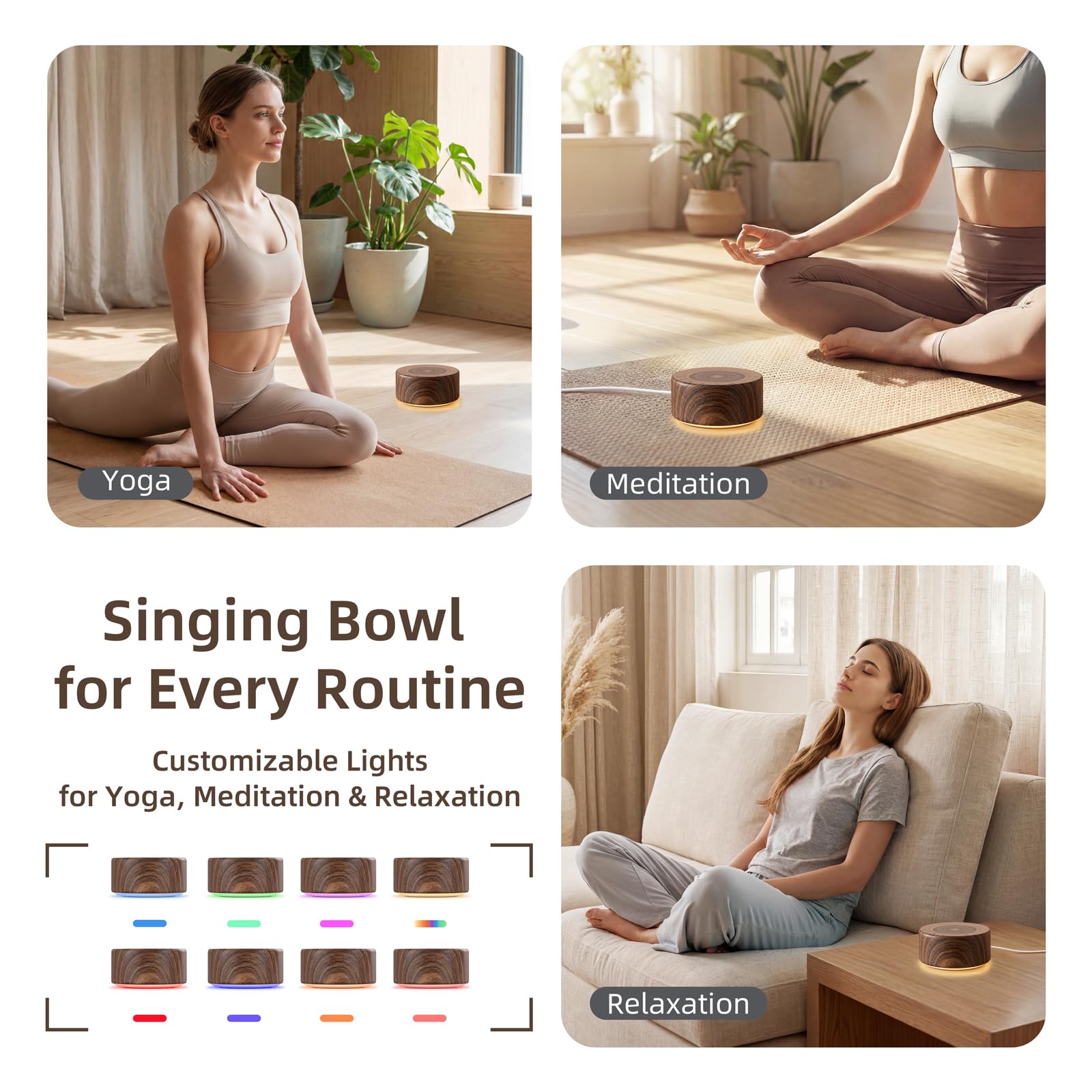 Tibetan Meditation Singing Bowl Sound Machine, 11 Authentic Singing Bowl & Relaxing Sounds, Premium Wood-Style Design, 7-Color Night Light, Timer & Memory, for Meditation, Yoga, Sleep & Mindfulness