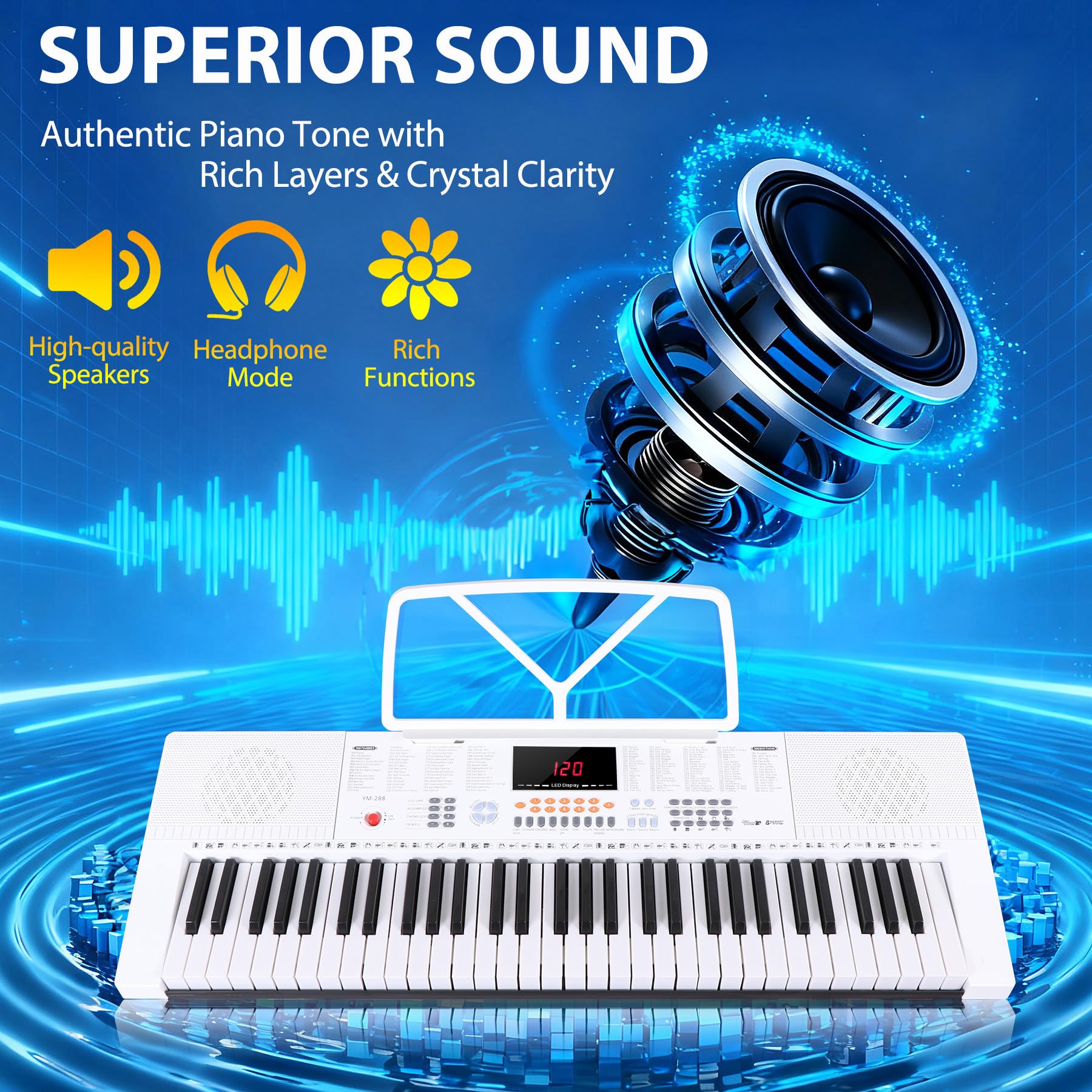 Smartxchoices 61-Key Electronic Keyboard Piano Stand Portable LED Display Keyboard Kit with Adjustable Stand, Adjustable Stool, Headphones, Microphone & Music Rest, White
