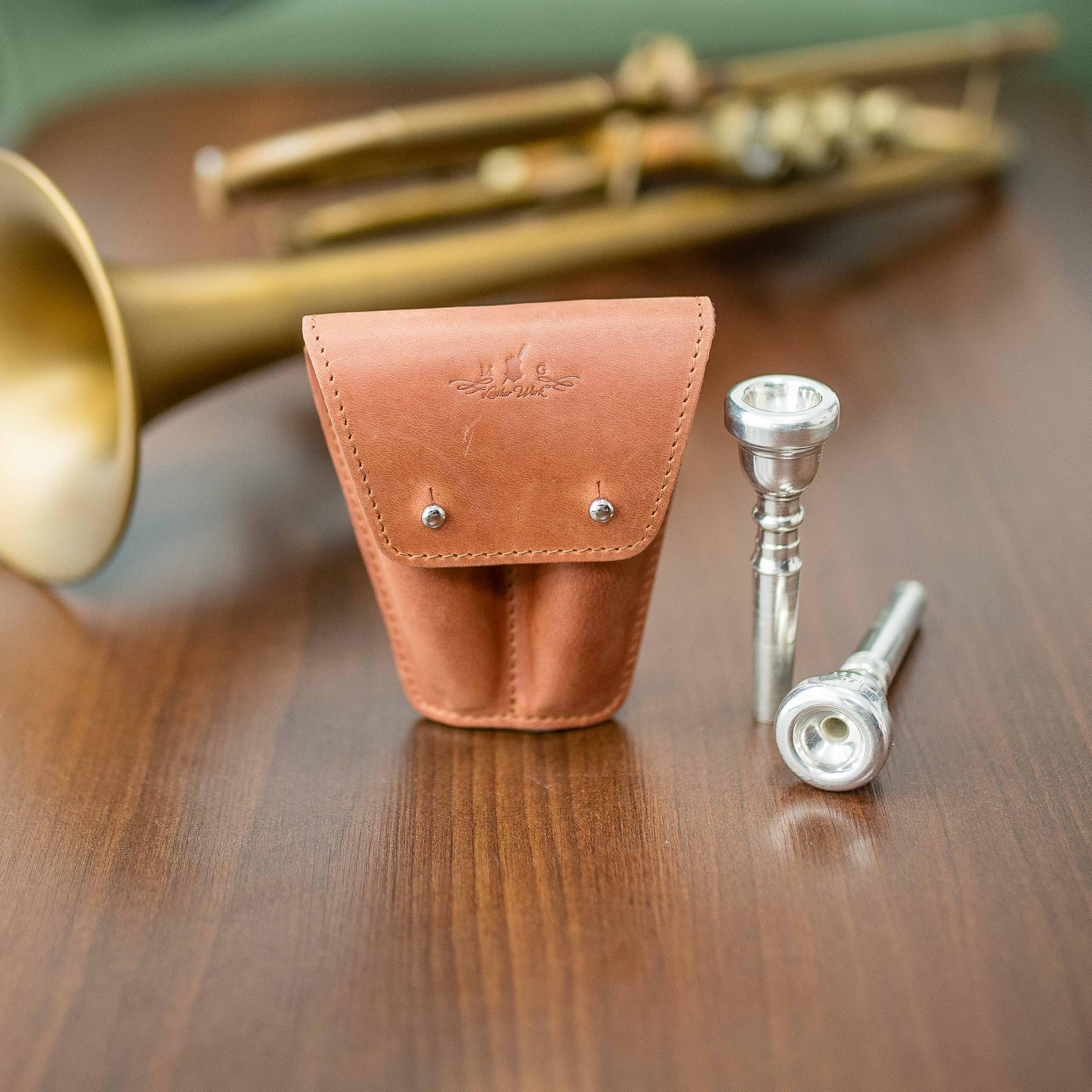 Leather Trumpet Mouthpiece Pouch DOUBLE by MG Leather Work
