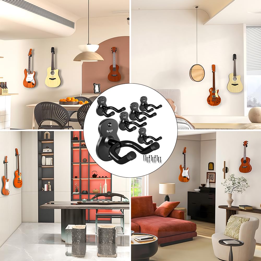 Spoligod Guitar Wall Mount Hanger, 6 Pack Guitar Hanger for Wall, Black Metal Guitar Holder Rack Stand for Basses, Electric Guitar, Acoustic Guitar and Ukulele
