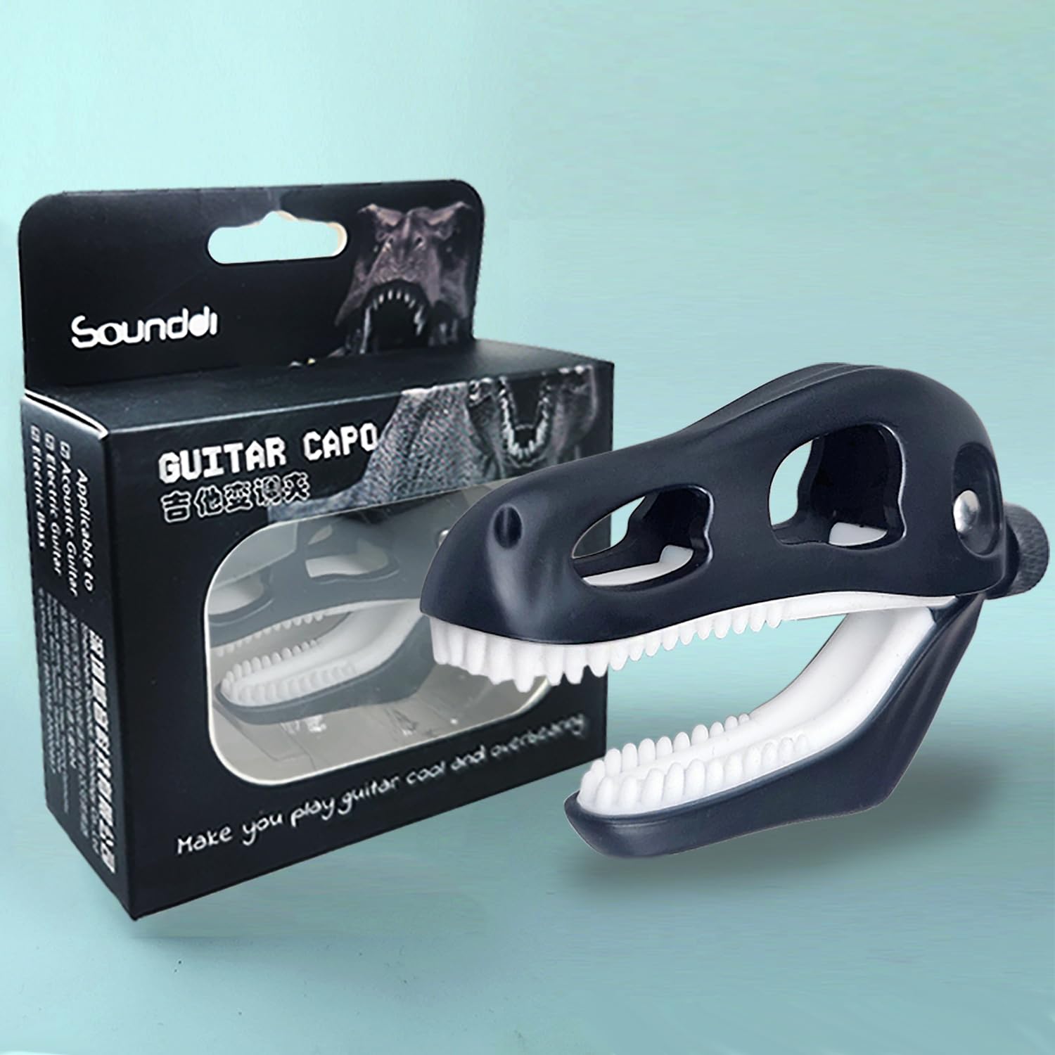 Prehistoric T-Rex Guitar Capo – Dinosaur Skull Design with Silicone Teeth, Zinc Alloy Adjustable Clamp for Acoustic/Electric Guitar, Bass, Ukulele & Banjo (Black)