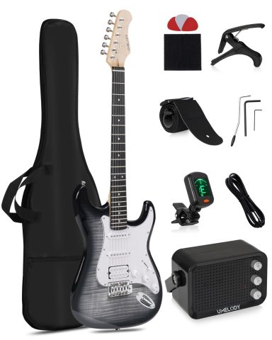 Umelody UST-200 Beginner Electric Guitar Kit HSS Pickup, Versatile 5-Way Switch for Clean to High-Gain Tone, Full-Size ST Style Guitar for Starter & Intermediate Players, Gig Bag (Midnight Black)