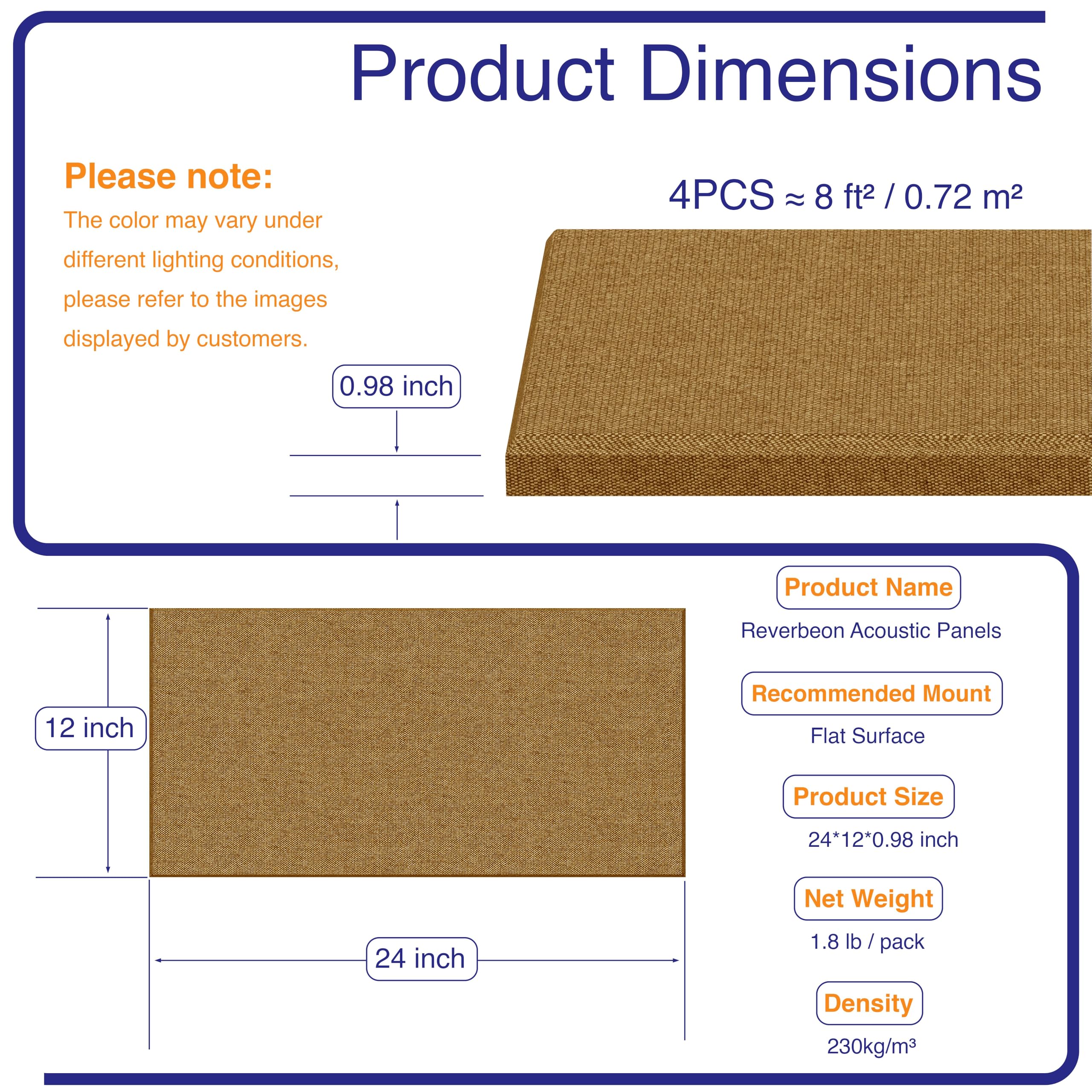 Reverbeon 4PCS Acoustic Panels, 24″x12″ Fabric Acoustic Panels for Walls, Self-Adhesive Sound Absorbing Panels for Home, Office, Studios (Camel Hazel)
