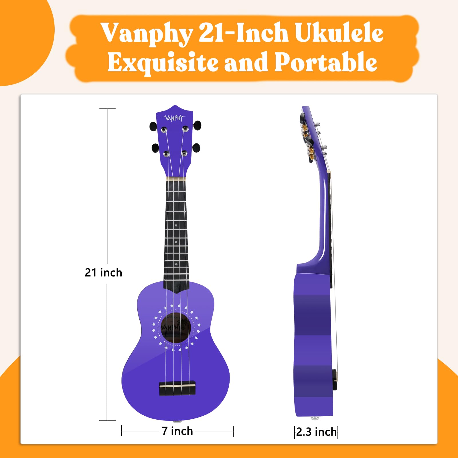 VANPHY Soprano Ukulele for Kids 21 Inch Ukelele with Bag Strap Picks Songbook Cleaning Cloth Suitable for Adults and Beginners(Purple)