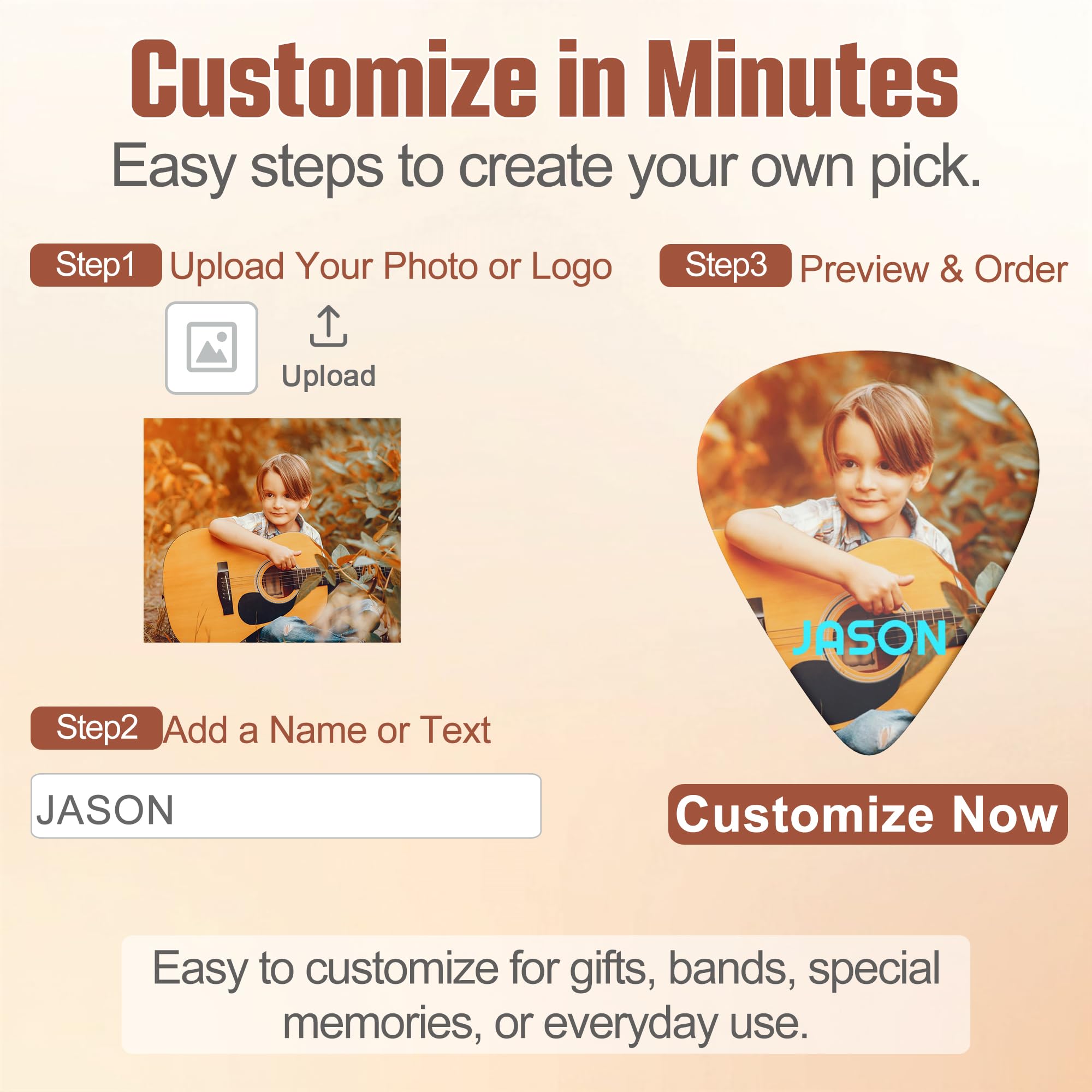 Custom Guitar Picks, Personalized Photo Text Picks, 12 Pack, 3 Thicknesses