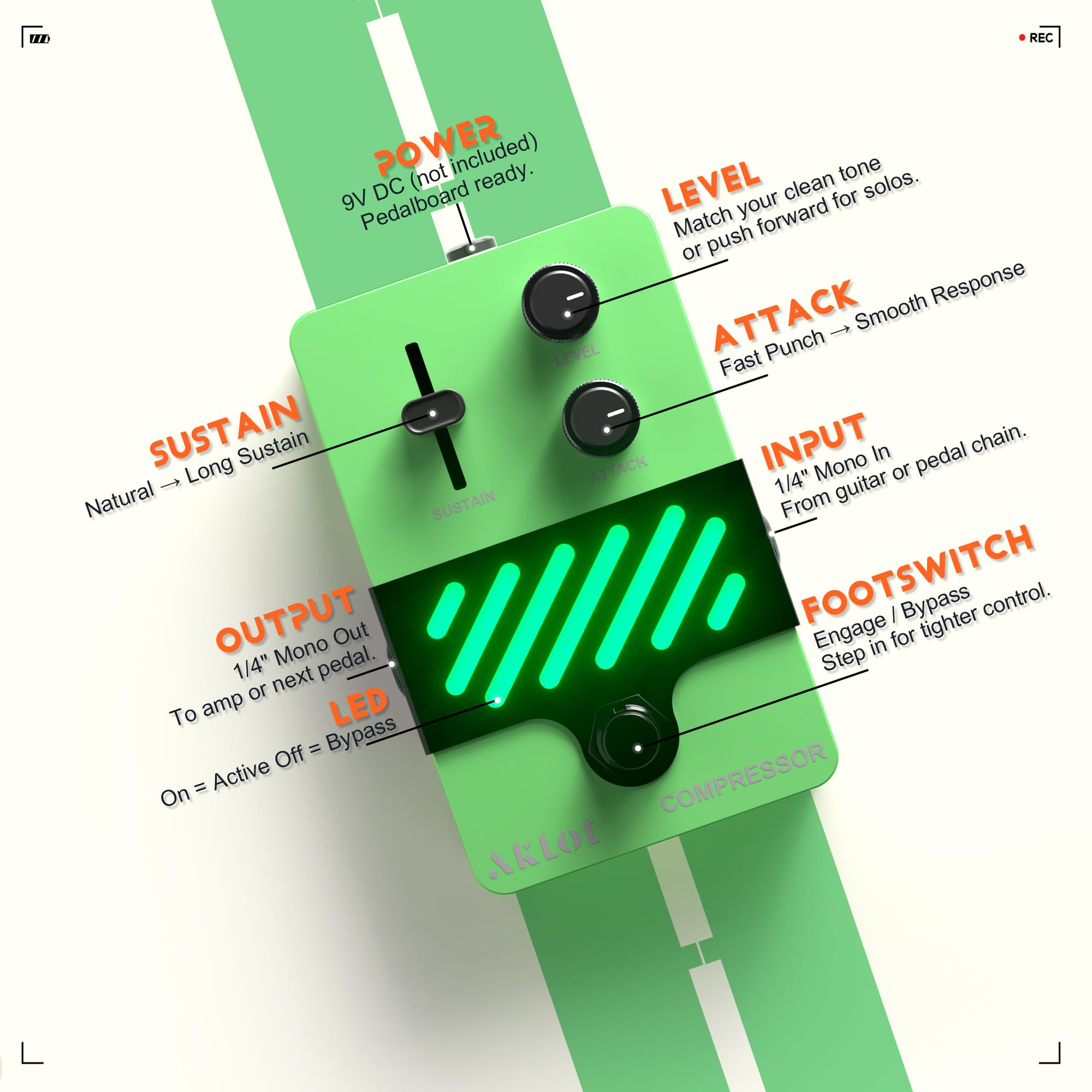 AKLOT Compressor Electric Guitar Pedal: Smooth Studio-Level Compression for Clean Sustain, Dynamic Touch-Responsive Control, Level & Sustain Knobs, Mini Guitar Effect Pedal True Bypass, NEON PulseLock