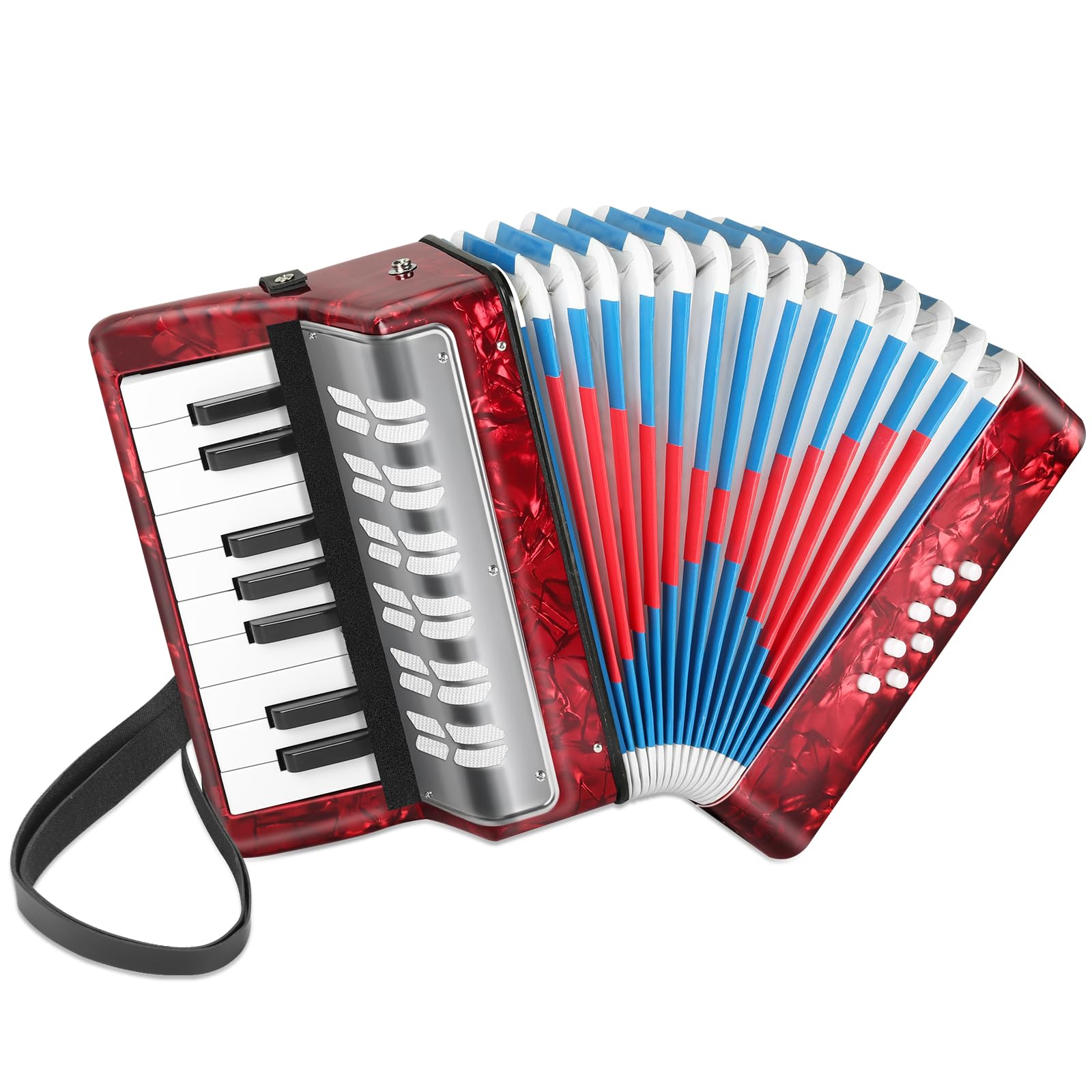 Lotkey 17 Key Piano Accordion, 8 Bass Kids Accordion, Celluloid Body, Metal Cover Accordions Louder Clearer Timbre Than Plastic, Lightweight Design for Children, Beginners to Practice (Red)