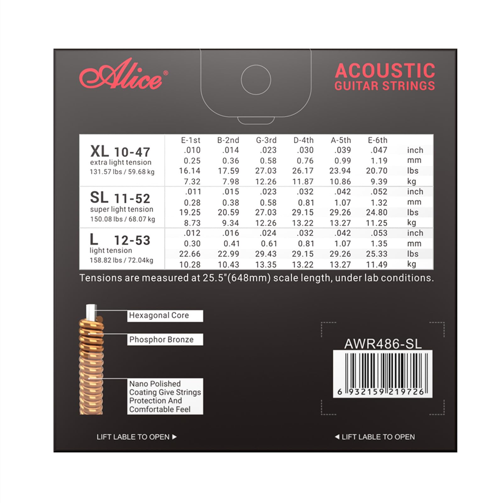 Alice Acoustic Guitar Strings 6 String Set, Phosphor Bronze, Warm & Bright Tone, 12-53 Light Gauge, 1 Pack AWR486-L